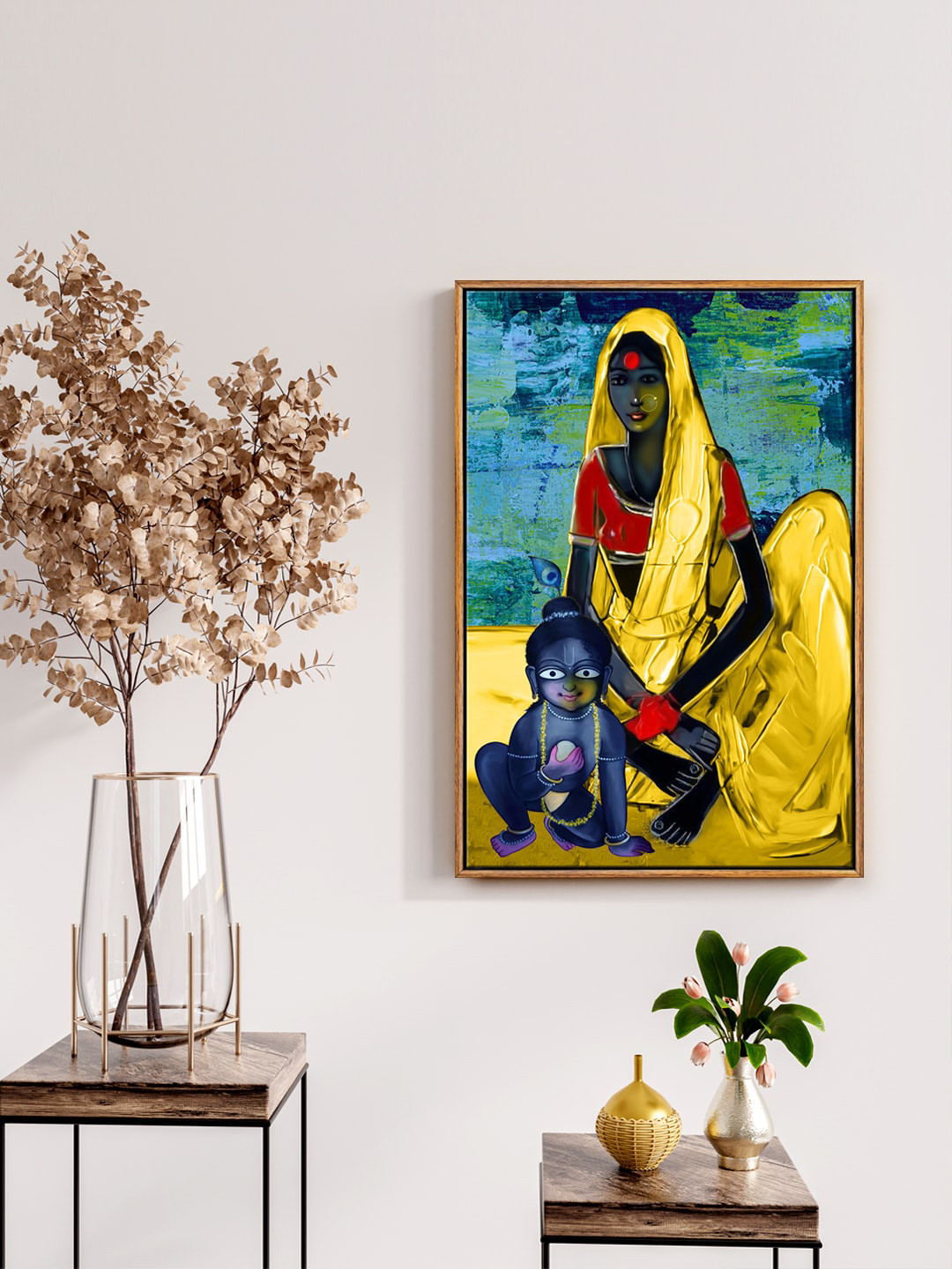999Store Yellow Printed Yashoda Maa Bal Gopal Painting Wall Art