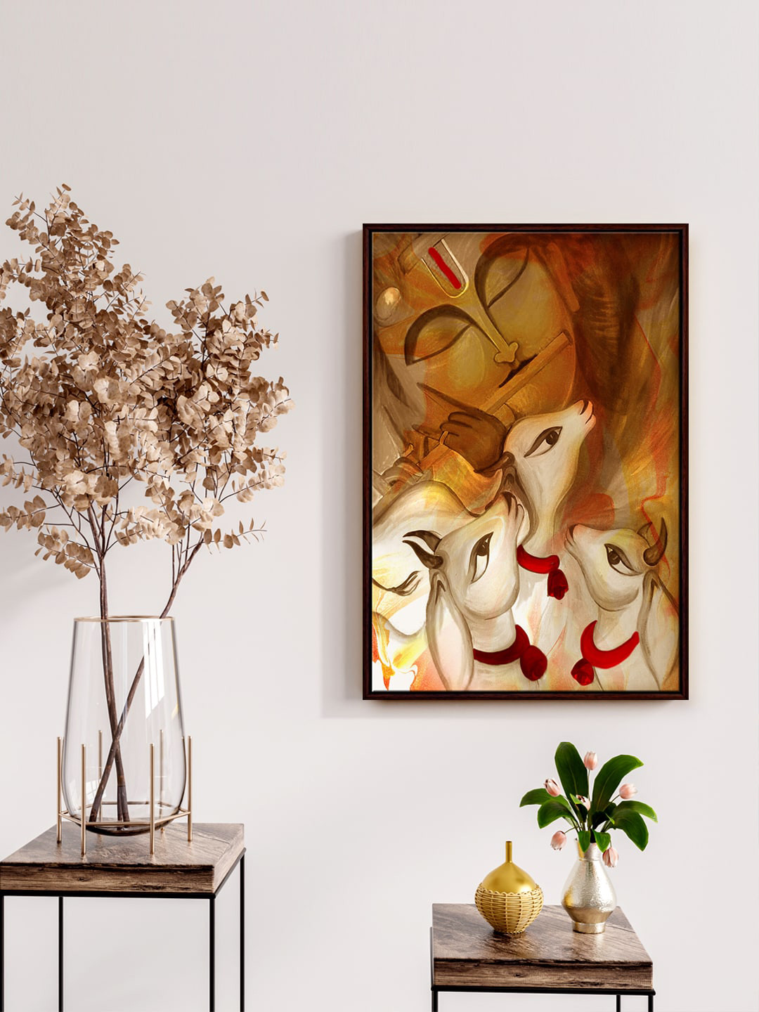 999Store Brown Lord krishna with Cow Wall Painting