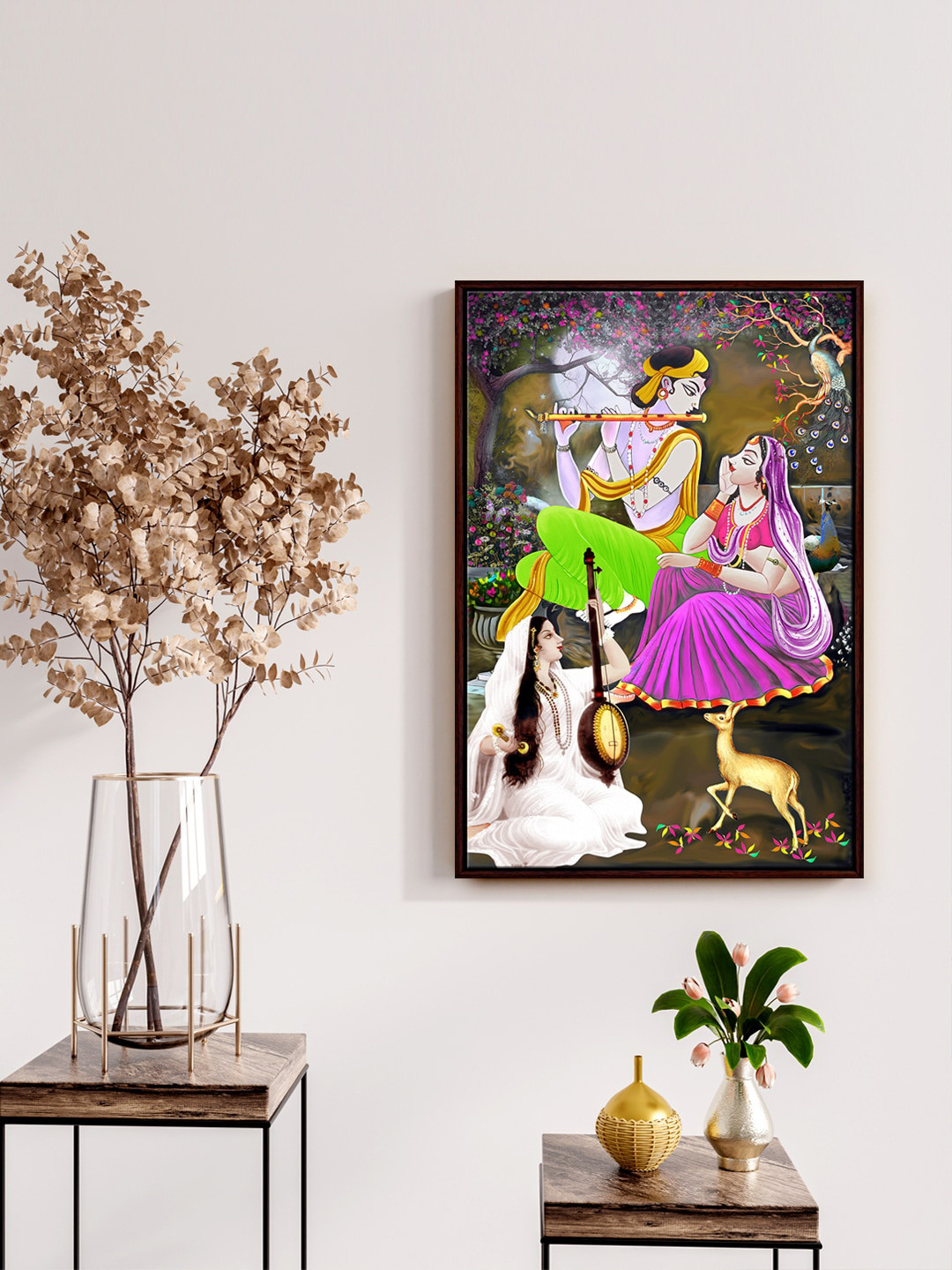999Store Pink & Green Printed Lord Krishna With Mirabai Painting Wall Art