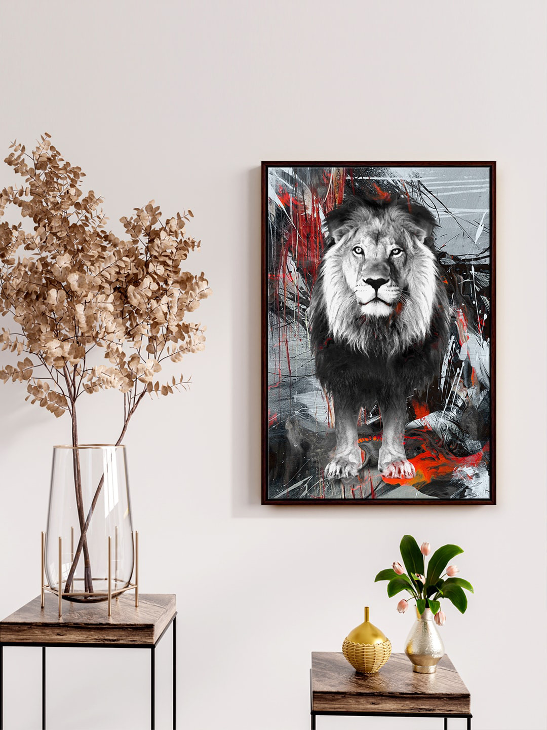 999Store Grey & Black Modern Abstract Lion Printed Framed Wall Art