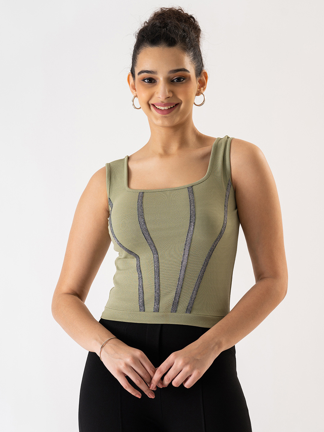 Prettify Women Olive Green Square Neck Tank Crop Top
