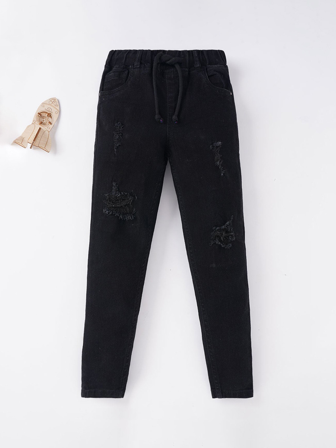 Ed-a-Mamma Boys Black Solid Pure Cotton Denim Joggers