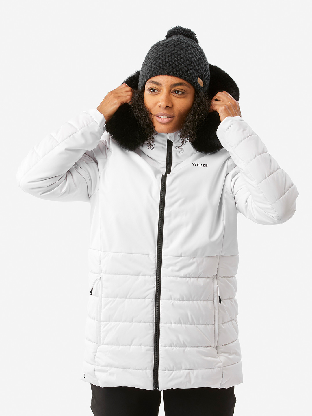 Decathlon WEDZE - Women White & Black Hooded Longline Padded Jacket