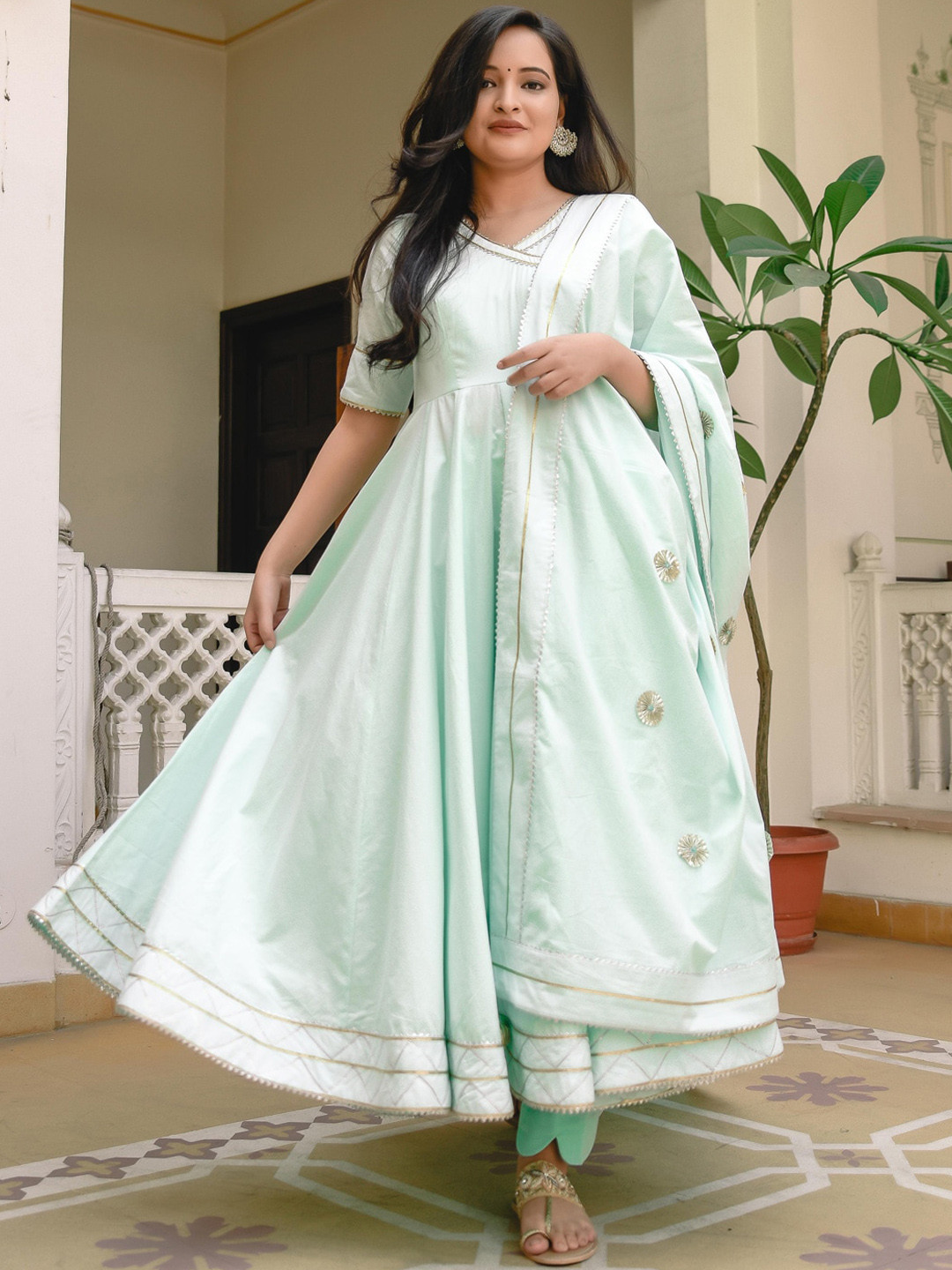 Indian Virasat Women Turquoise Blue Empire Gotta Patti Pure Cotton Kurta with Trousers & With Dupatta