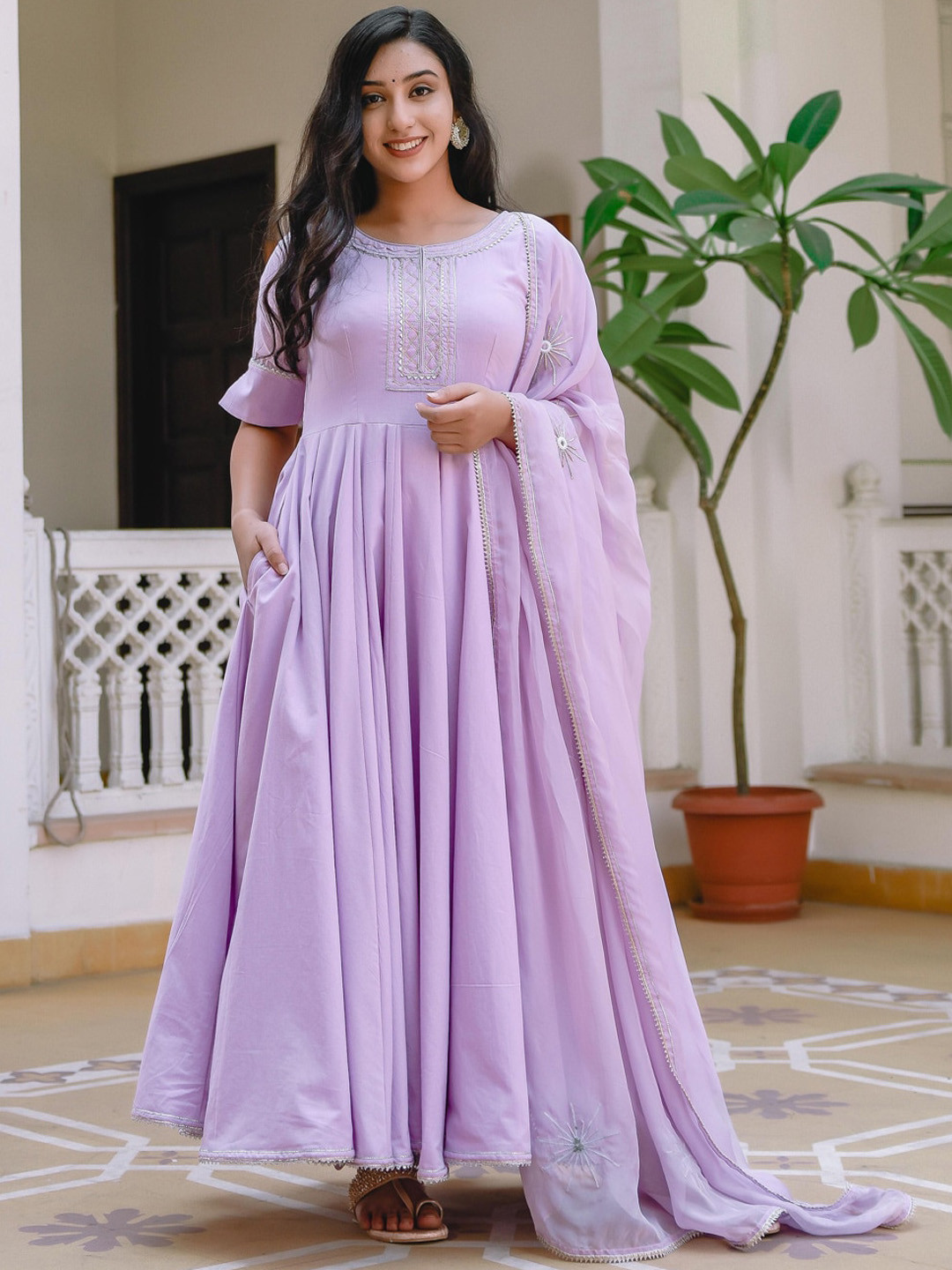 Indian Virasat Women Lavender Gotta Patti Pure Cotton Kurta with Trousers & With Dupatta