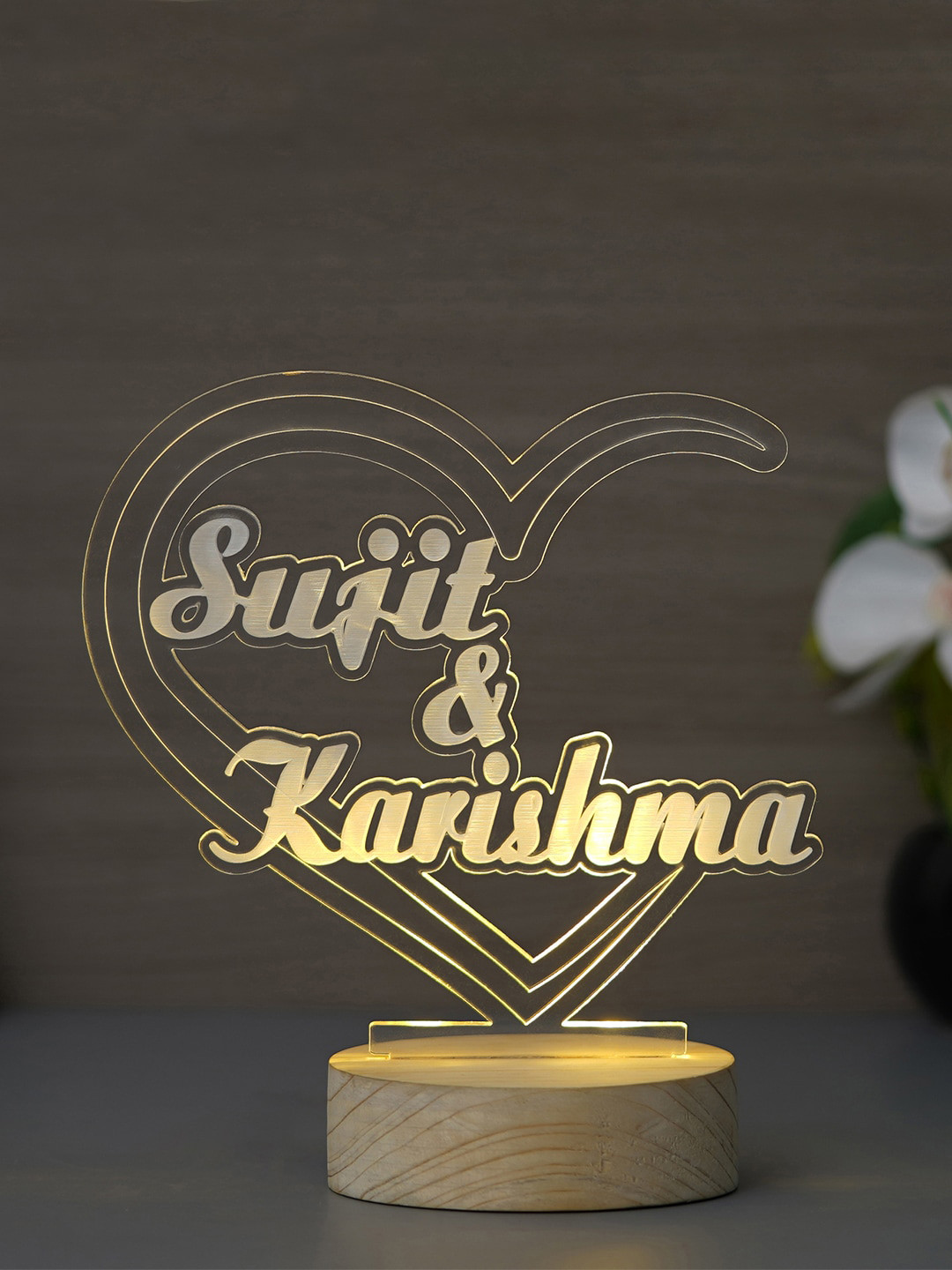 eCraftIndia Brown Personalized Name Design Carved on Acrylic & Wood Base Night Table Lamp