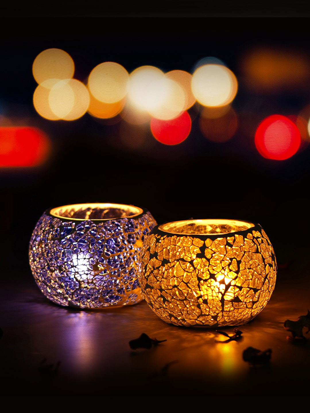 eCraftIndia Purple & Yellow Set of 2 Mosiac Glass Decorative Tea Light Candle Holders