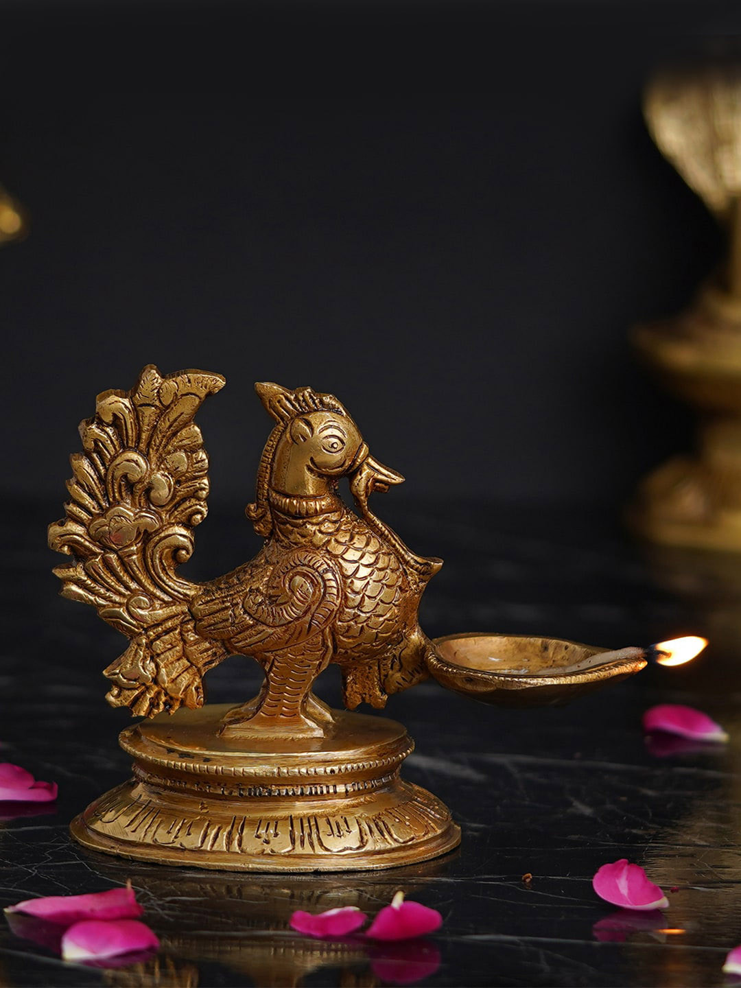 eCraftIndia Gold-Toned Peacock Brass Diya Stand