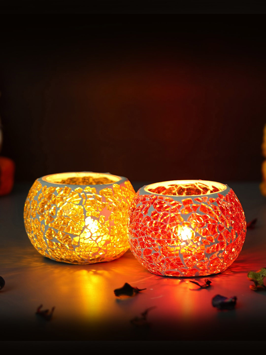 eCraftIndia Yellow & Red Set of 2 Mosiac Glass Decorative Tea Light Holder/diya
