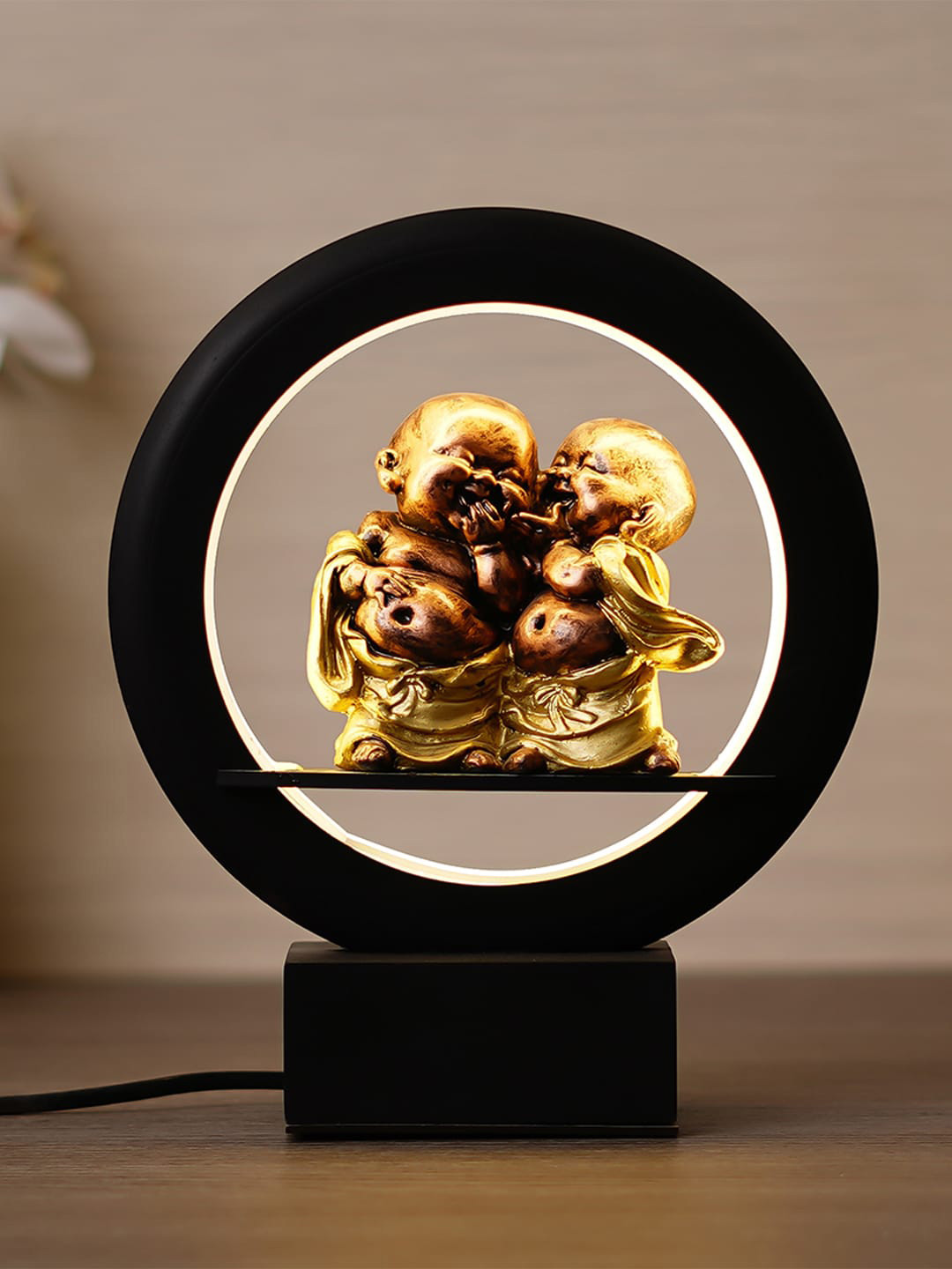 eCraftIndia Black & Gold Laughing Buddha Monk Decorative Circular Table Lamp