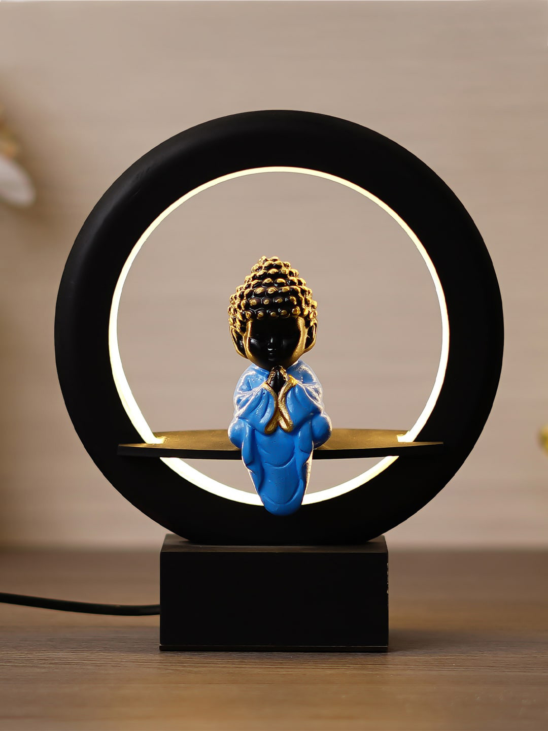 eCraftIndia Black & Blue Laughing Buddha Monk Decorative Circular Night Lamp