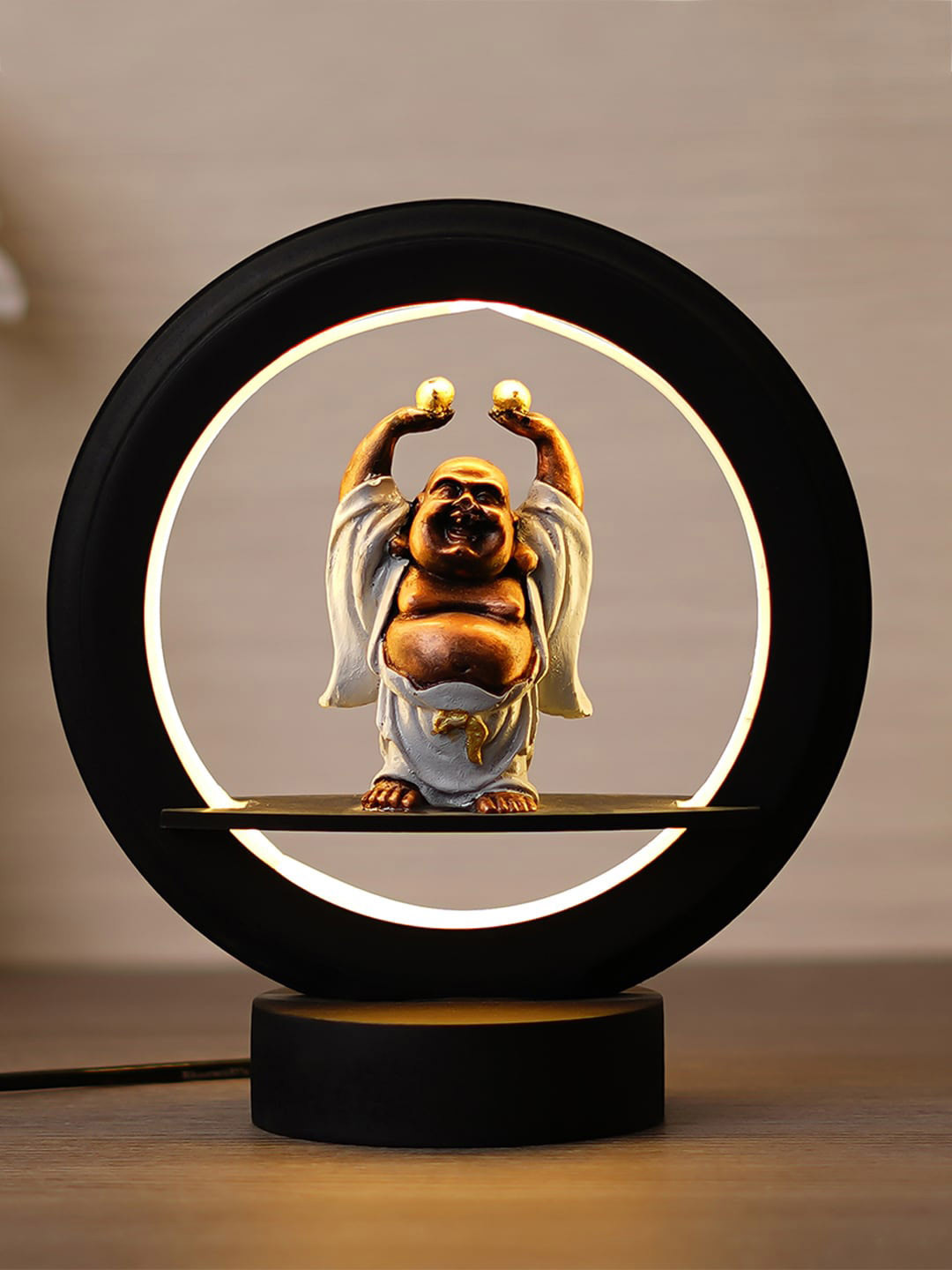 eCraftIndia Standing Laughing Buddha Monk Black Wood Natural Prayer Room Small Showpiece - 9.4 Inches