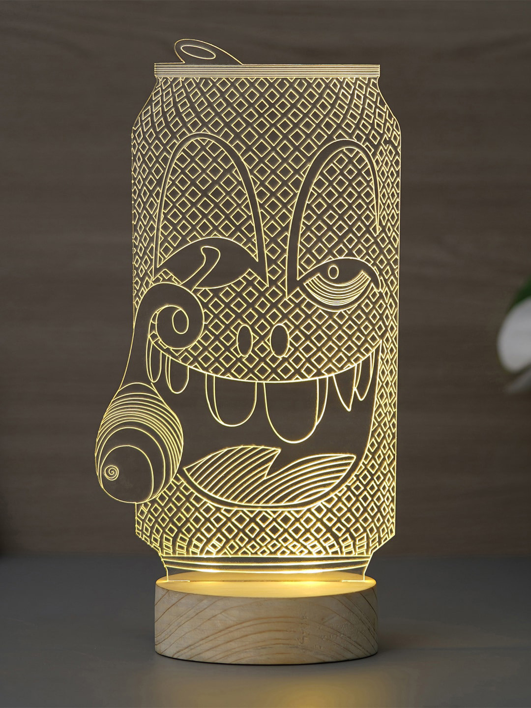 eCraftIndia Brown Abstract Can Design Carved on Acrylic & Wood Base Night Table Lamp