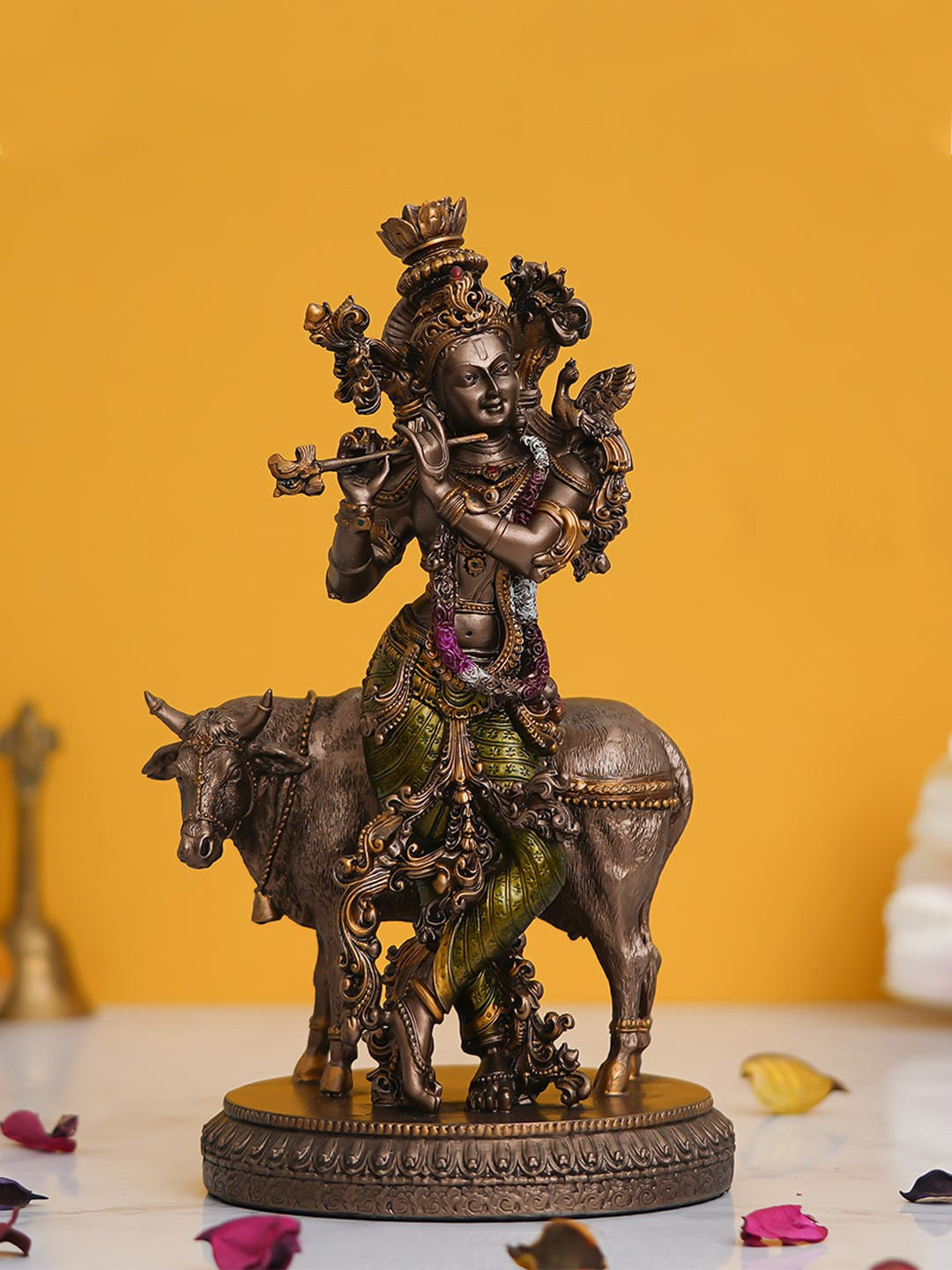 eCraftIndia Brown Lord Krishna Playing Flute With Cow Showpiece