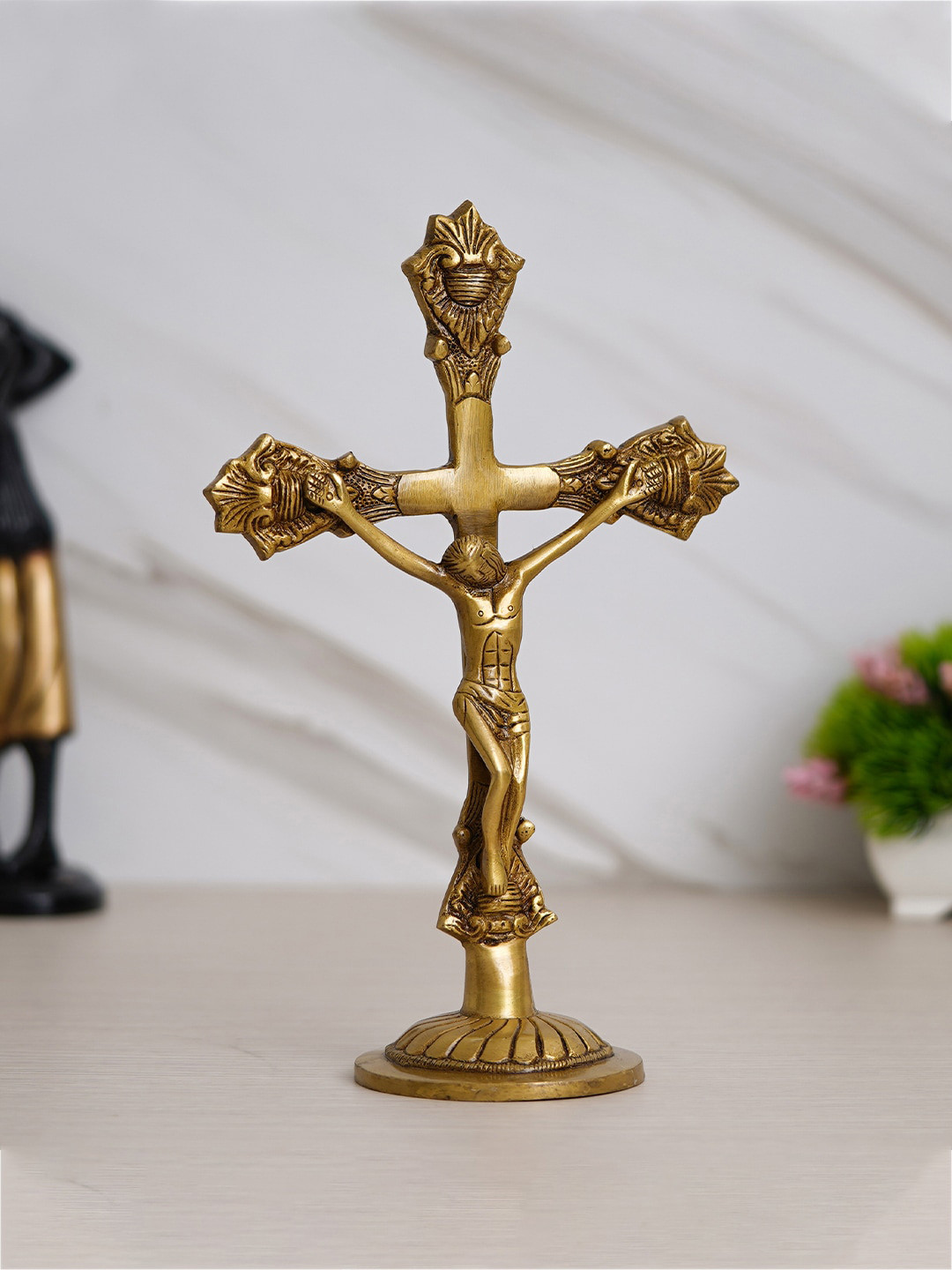 eCraftIndia Jesus Christ on Cross Gold Brass Metallic Prayer Room Hand-Crafted Medium Showpiece - 3.5 Inches