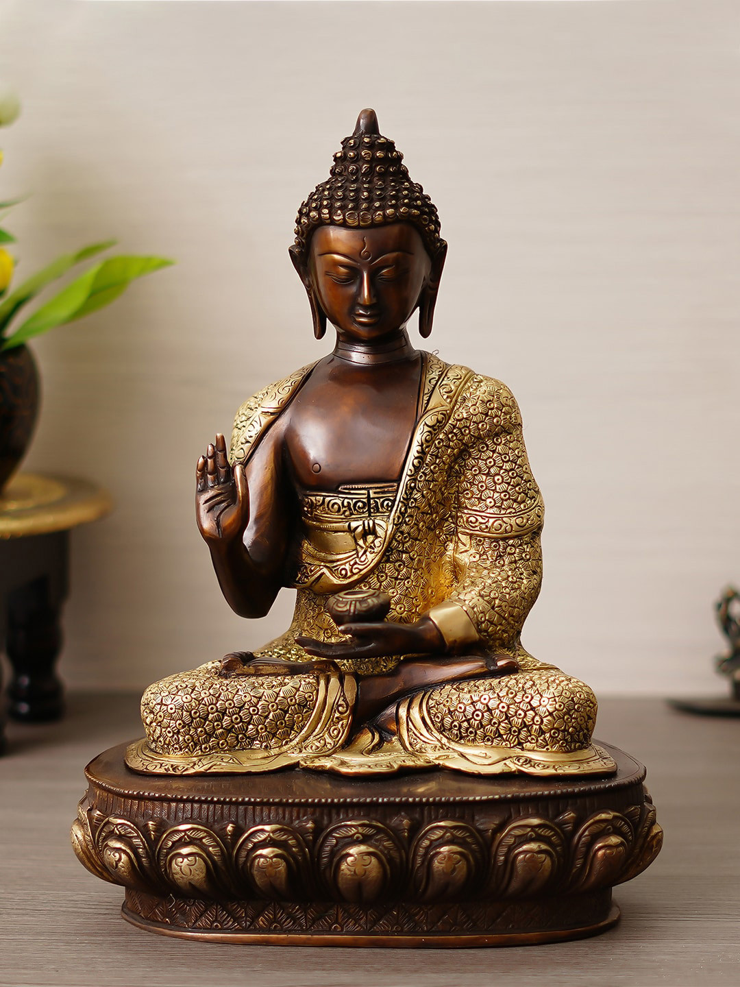 eCraftIndia Blessing Lord Buddha Gold Brass Metallic Living Room Hand-Crafted Large Showpiece - 17.3 Inches