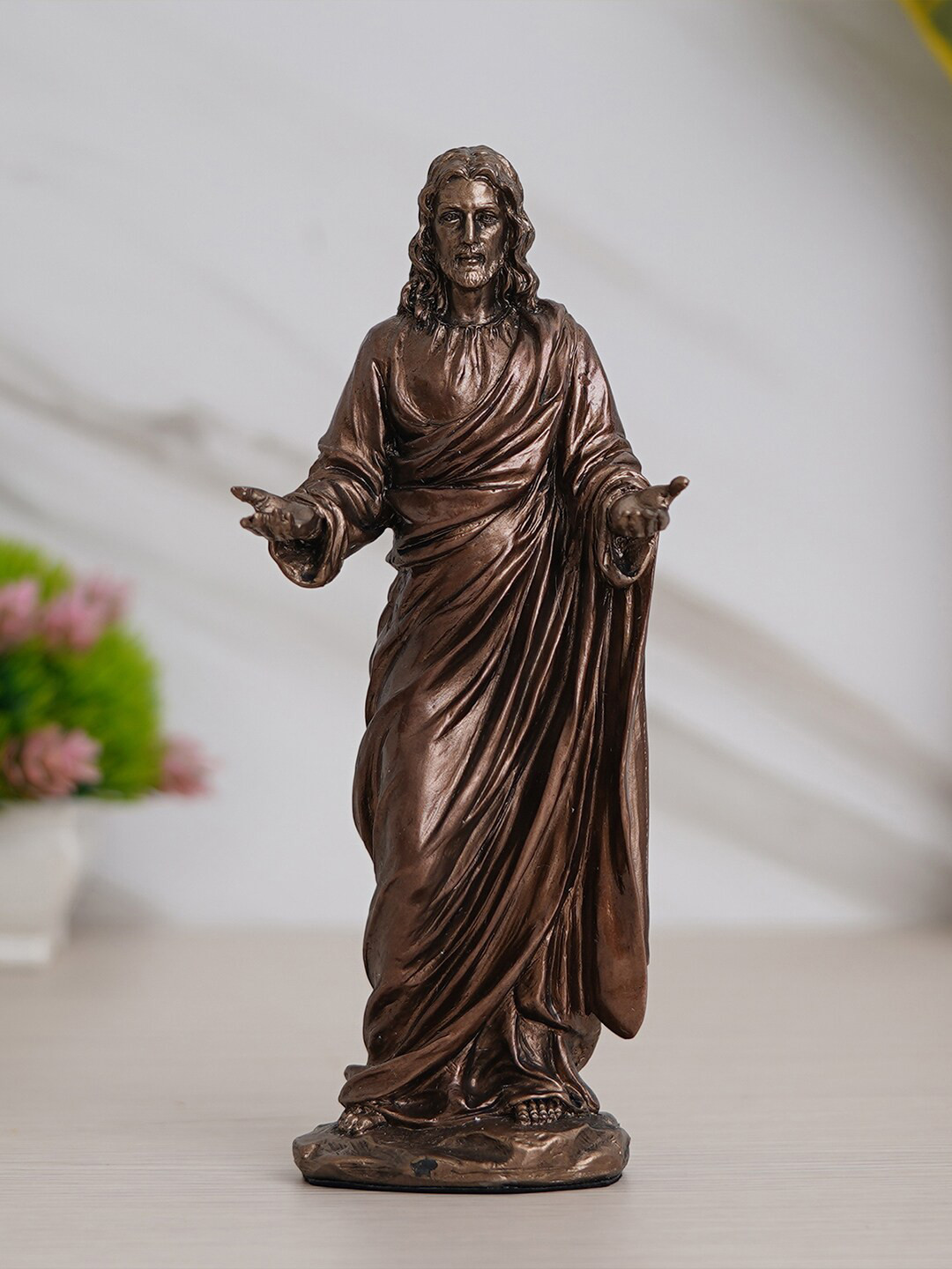 eCraftIndia Jesus Christ with Open Arms Cold Cast Brown Polyresin Glossy Prayer Room Small Showpiece - 9.1 Inches