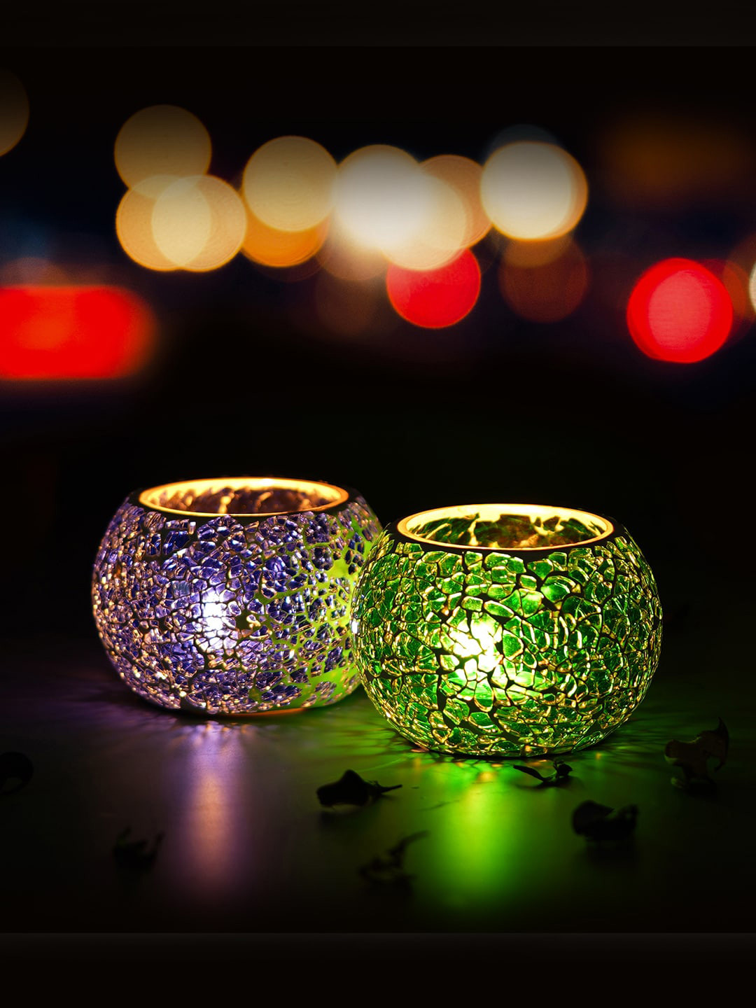 eCraftIndia Purple & Green Set of 2 Mosiac Glass Decorative Candle Holder