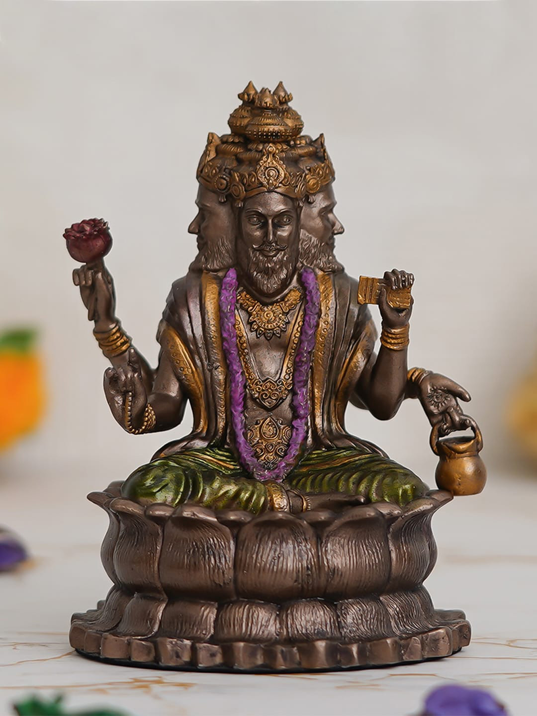 eCraftIndia Lord Brahma on A Lotus Brown Polyresin Matte Prayer Room Small Showpiece - 5.1 Inches