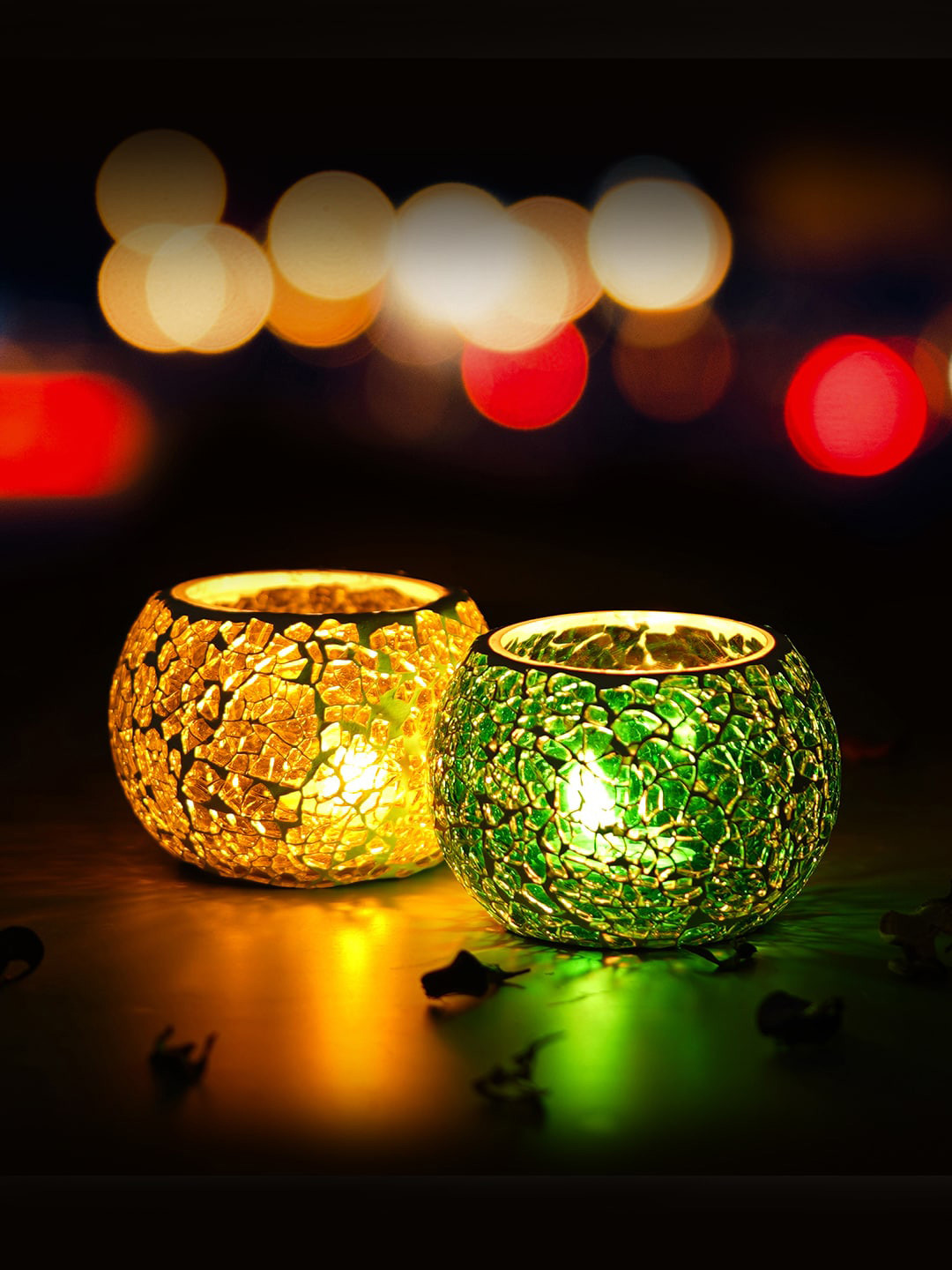 eCraftIndia Yellow & Green Set of 2 Mosiac Glass Decorative Tea Light Candle Holder