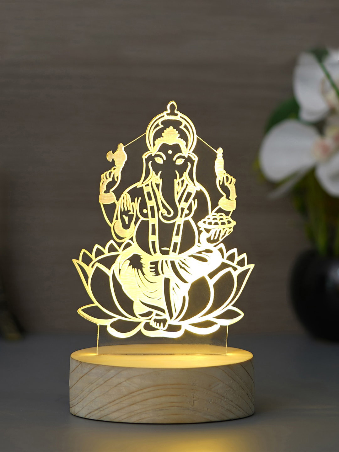 eCraftIndia Brown Lord Ganesha Design Carved on Acrylic & Wood Base Night Table Lamp