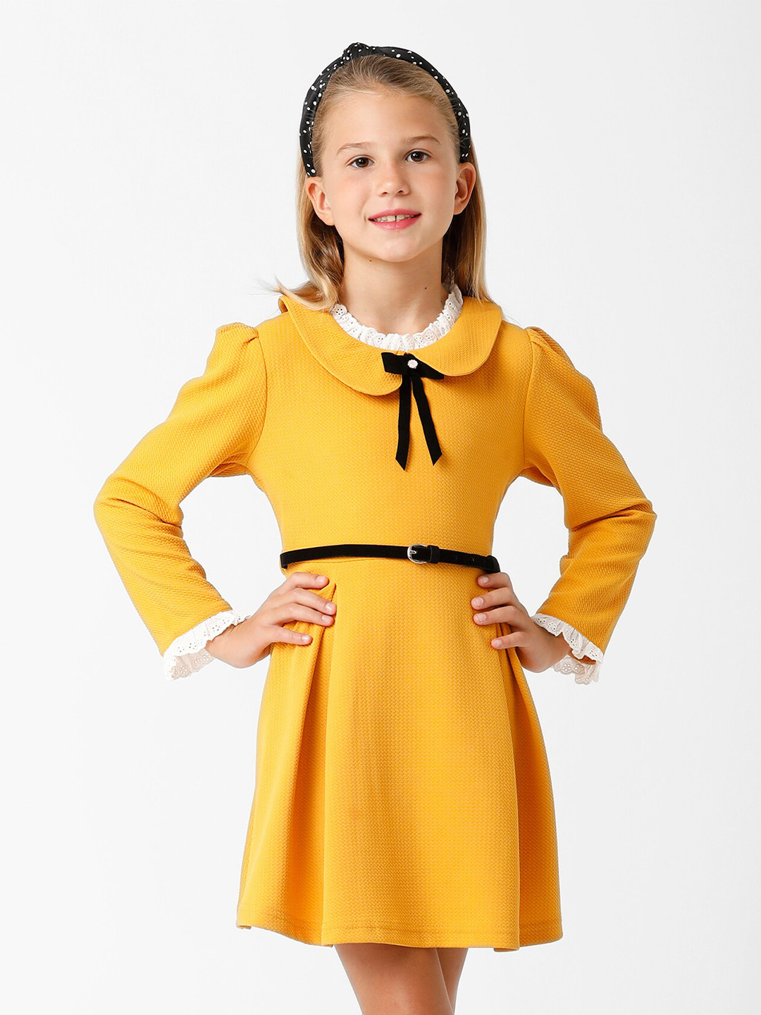KATE & OSCAR Girls Yellow Crepe Dress with Belt