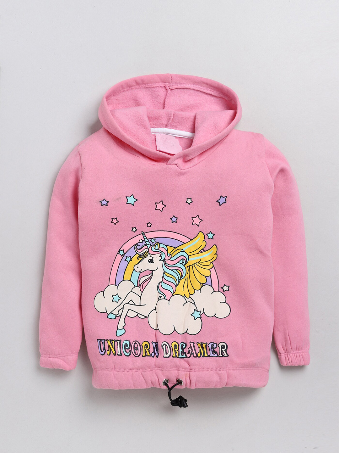 YK Girls Pink Unicorn and Typography Printed Hooded Fleece Sweatshirt