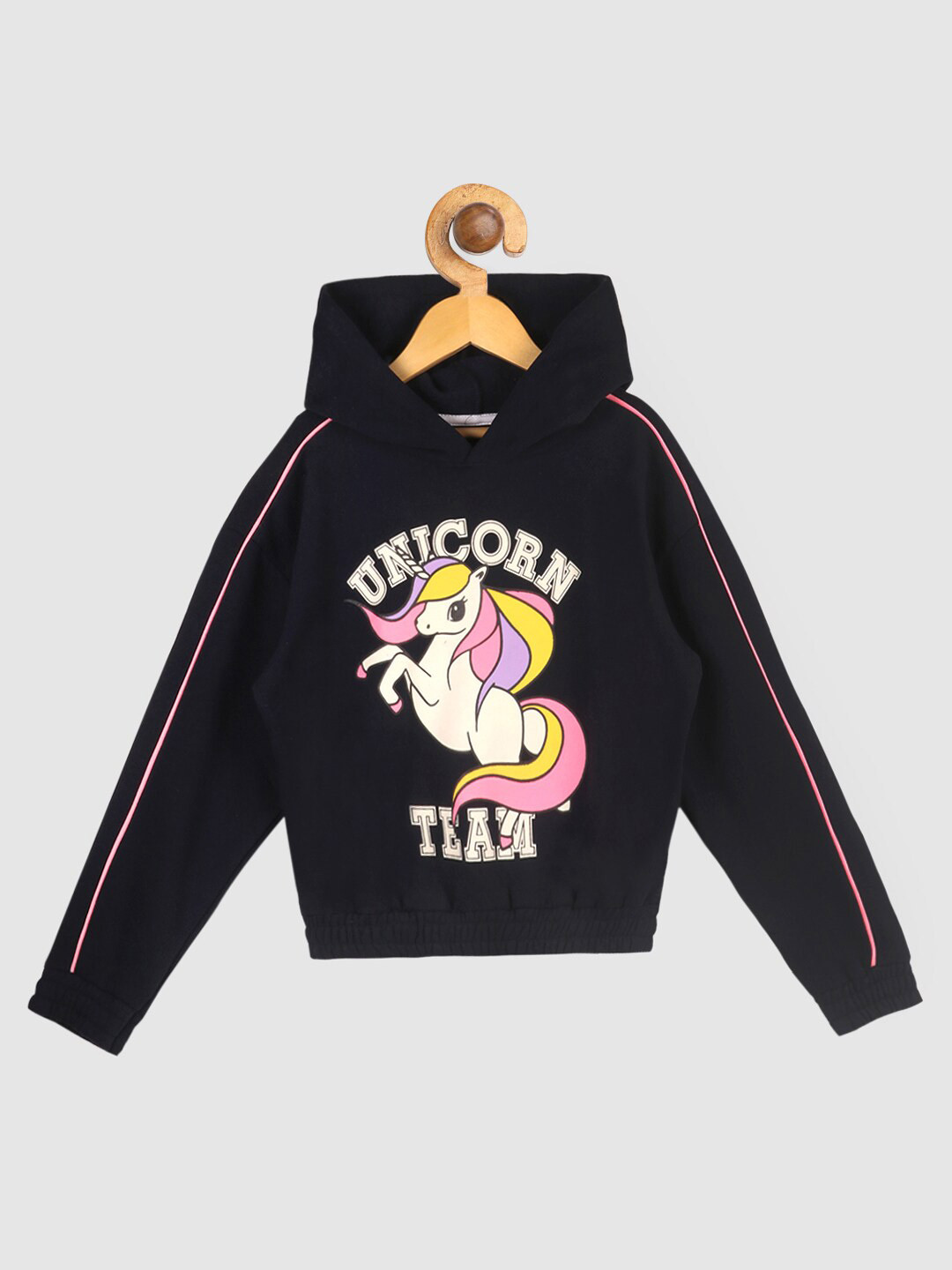 YK Girls Black and pink Varsity Unicorn Printed Hooded Sweatshirt With Contrast Details