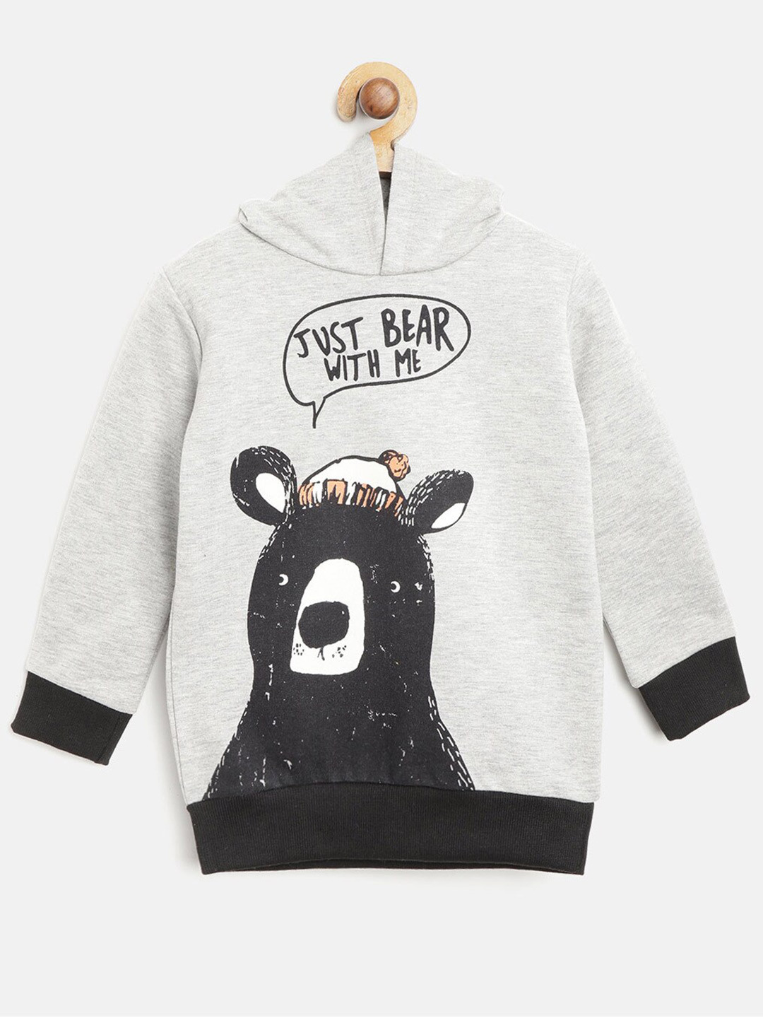 YK Boys Grey Melange Bear & Typography Printed Hooded Sweatshirt
