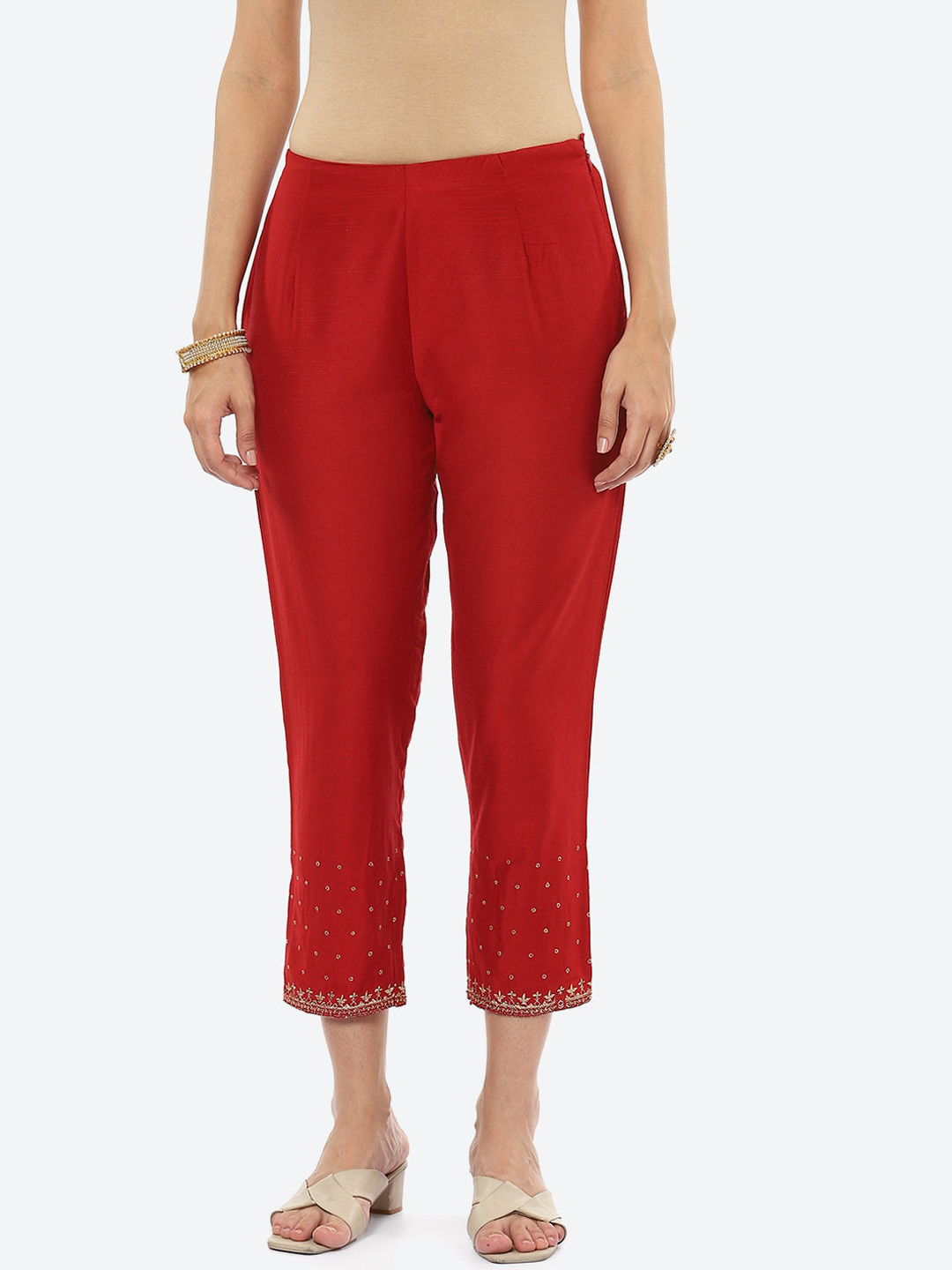 Biba Women Red Smart Slim Fit High-Rise Trouser