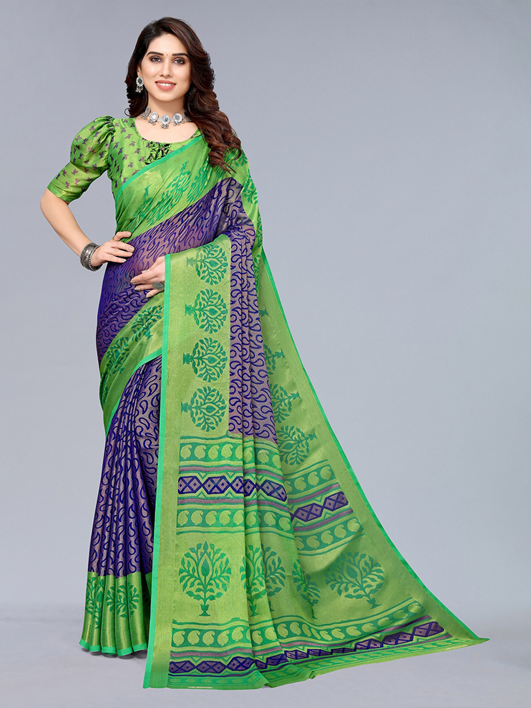 Winza Designer Navy Blue & Green Ethnic Motifs Zari Pure Chiffon Saree