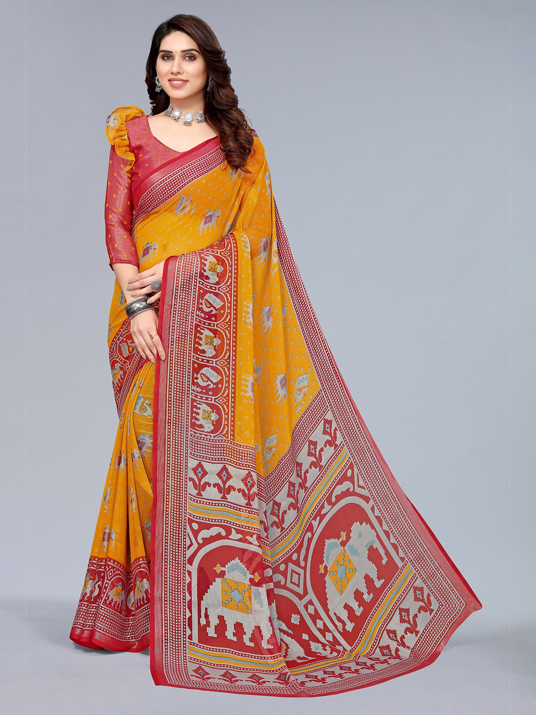 Winza Designer Mustard & Red Ethnic Motifs Pure Chiffon Block Print Saree