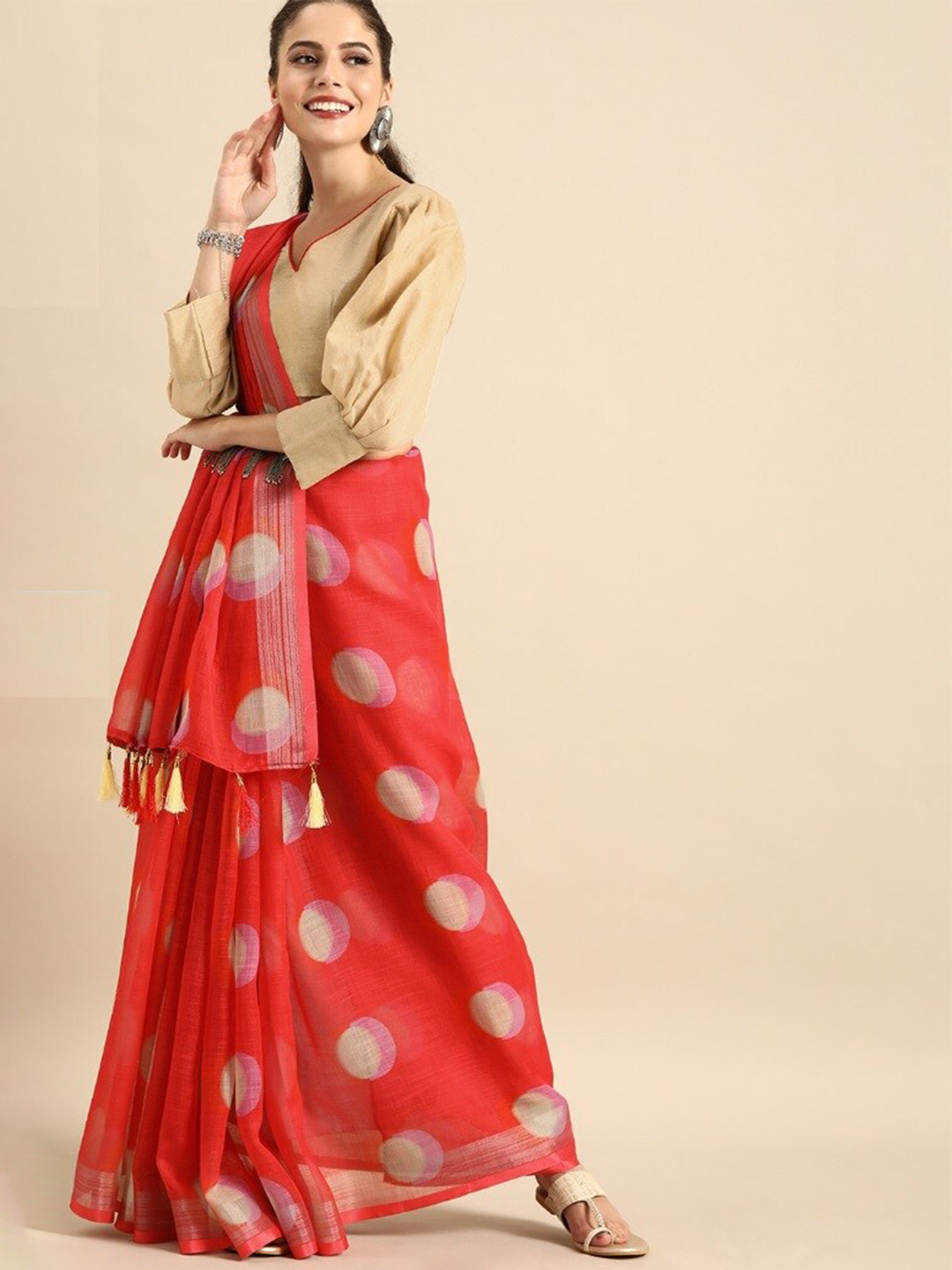 Sangria Red & White Zari Pure Linen Saree