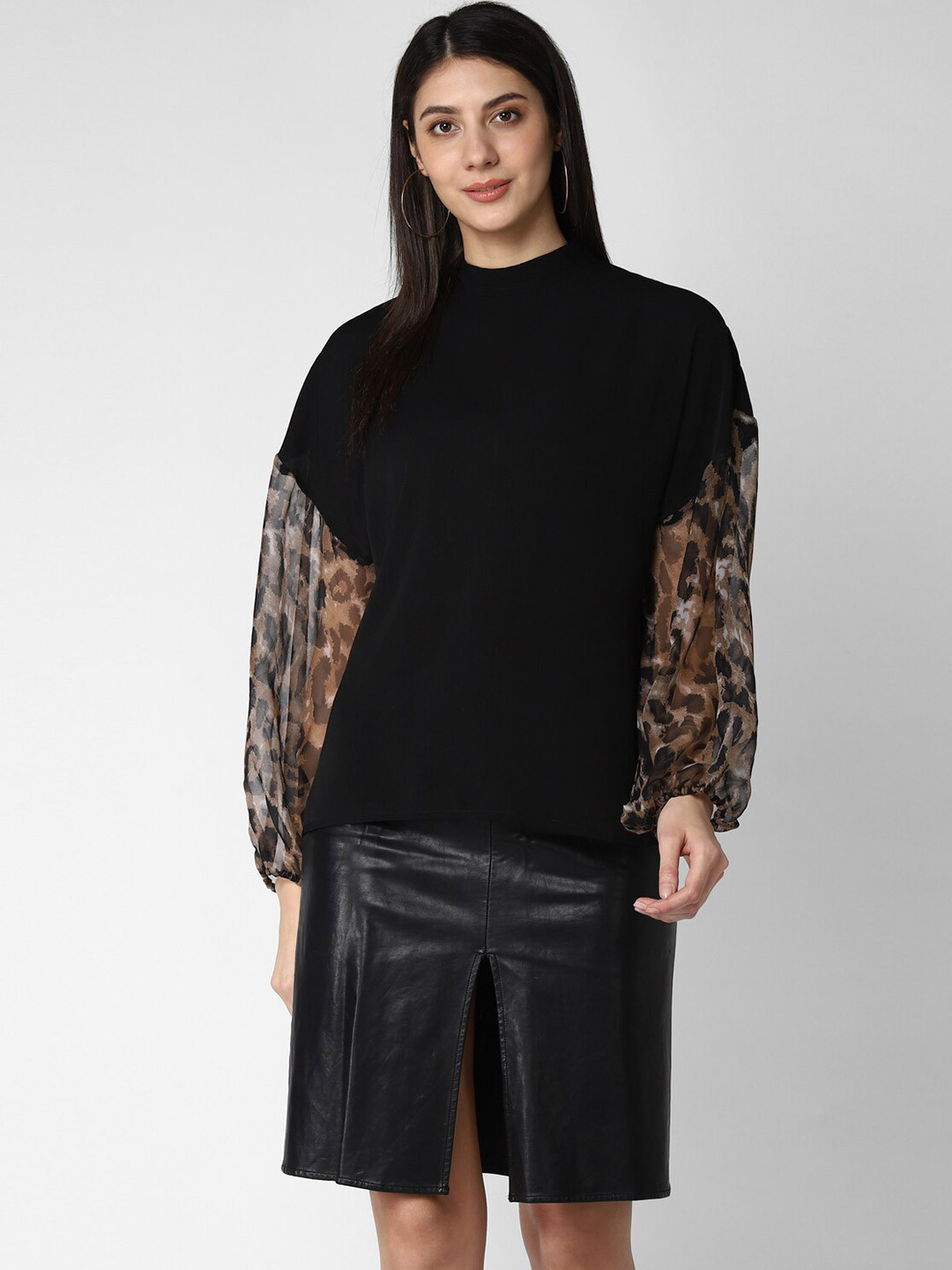 StyleStone Women Black Animal Print Sleeves Chiffon Top