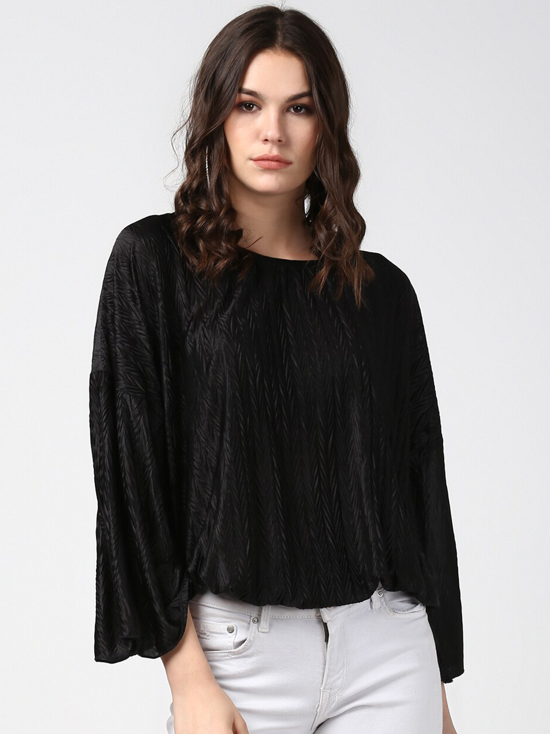 StyleStone Women Black Textured Satin Top
