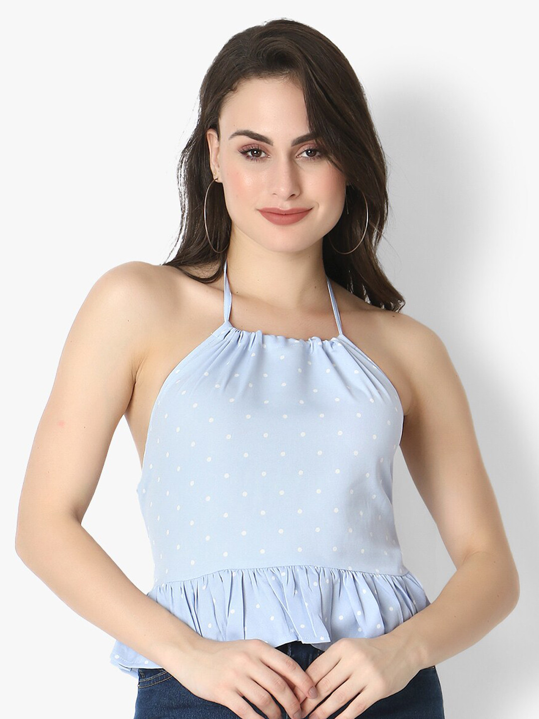 Again fashions Blue Polka Dot Print Halter Neck Smocked Peplum Top