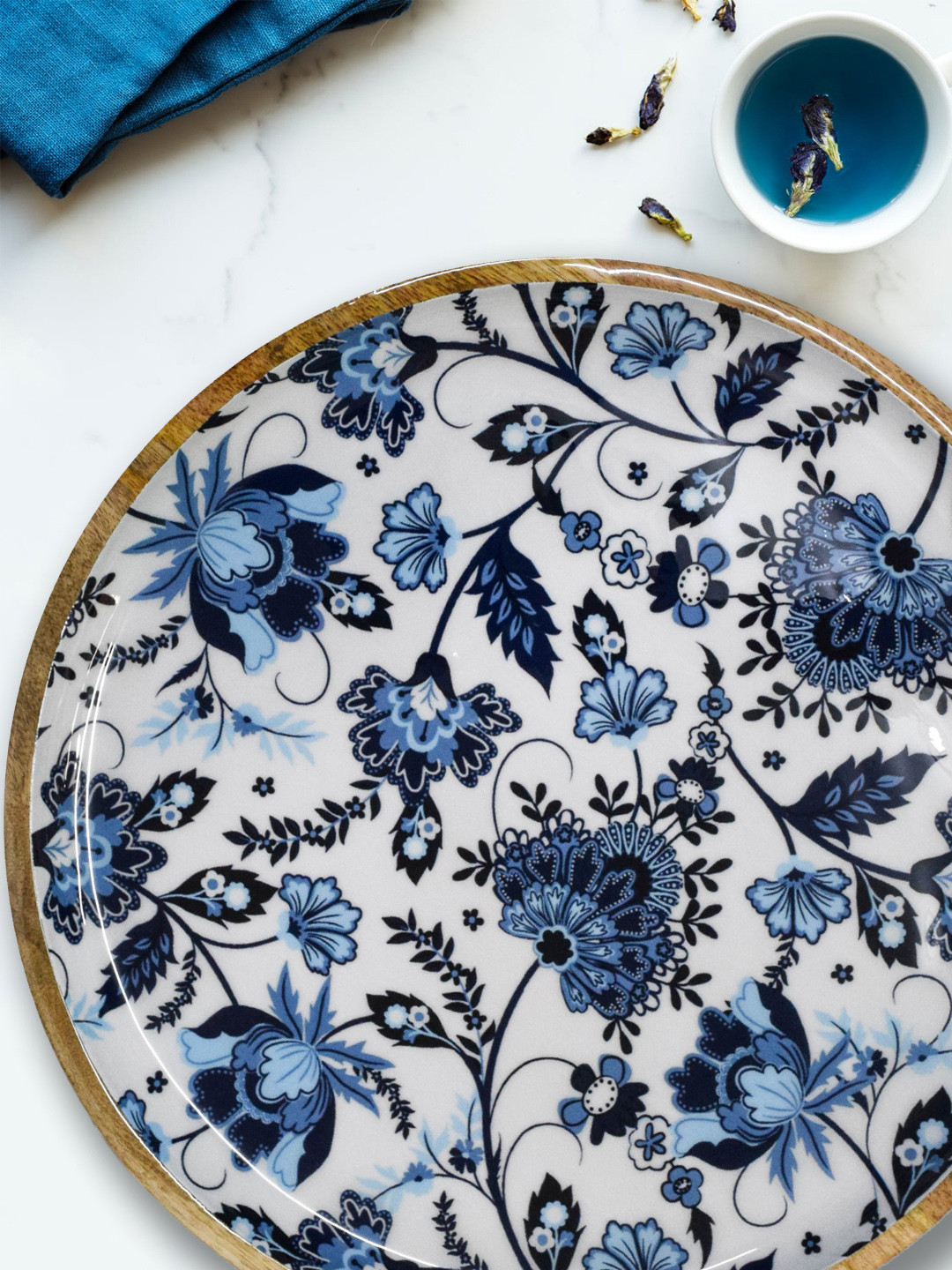 BRICK BROWN Blue & White Printed Floral Round Serving Platter