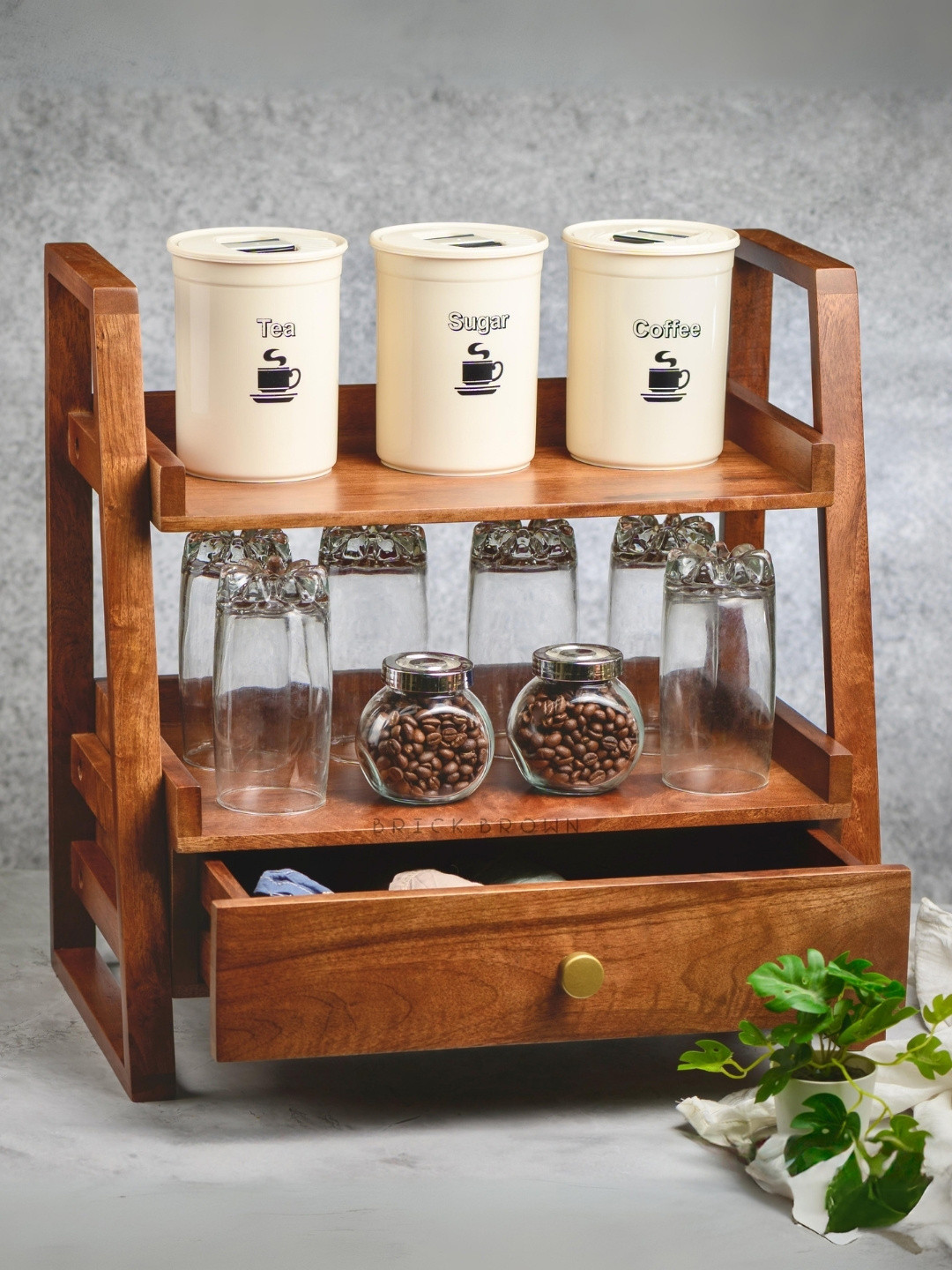 BRICK BROWN Brown Solid Wooden Versatile Organizer with Drawer