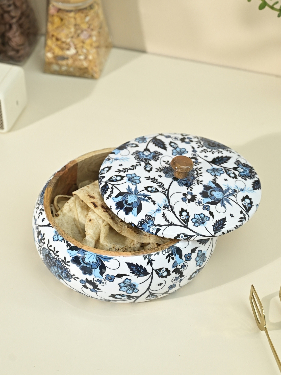 BRICK BROWN Blue & White Floral Printed Roti Box