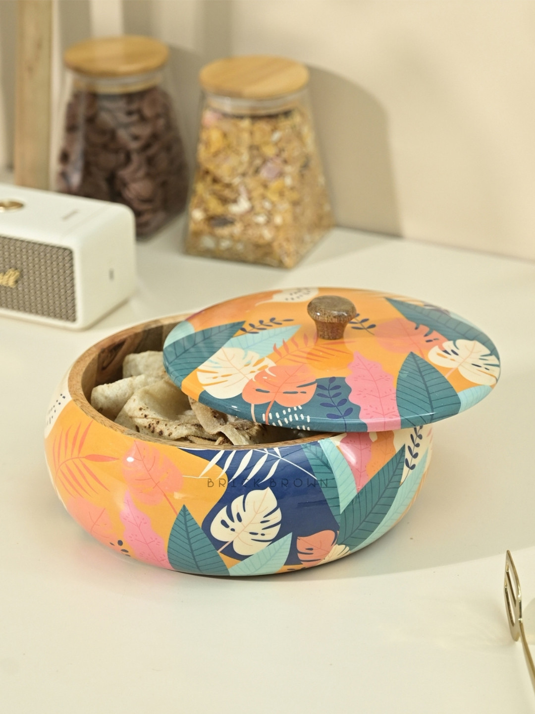 BRICK BROWN Yellow & Blue Tropical Printed Roti Box