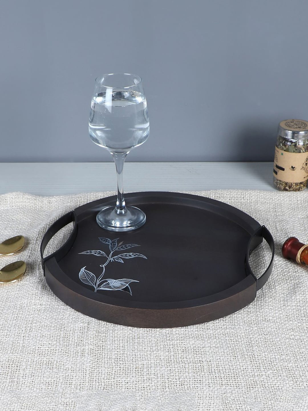 BRICK BROWN Grey Printed Arums Collection Wood Tray
