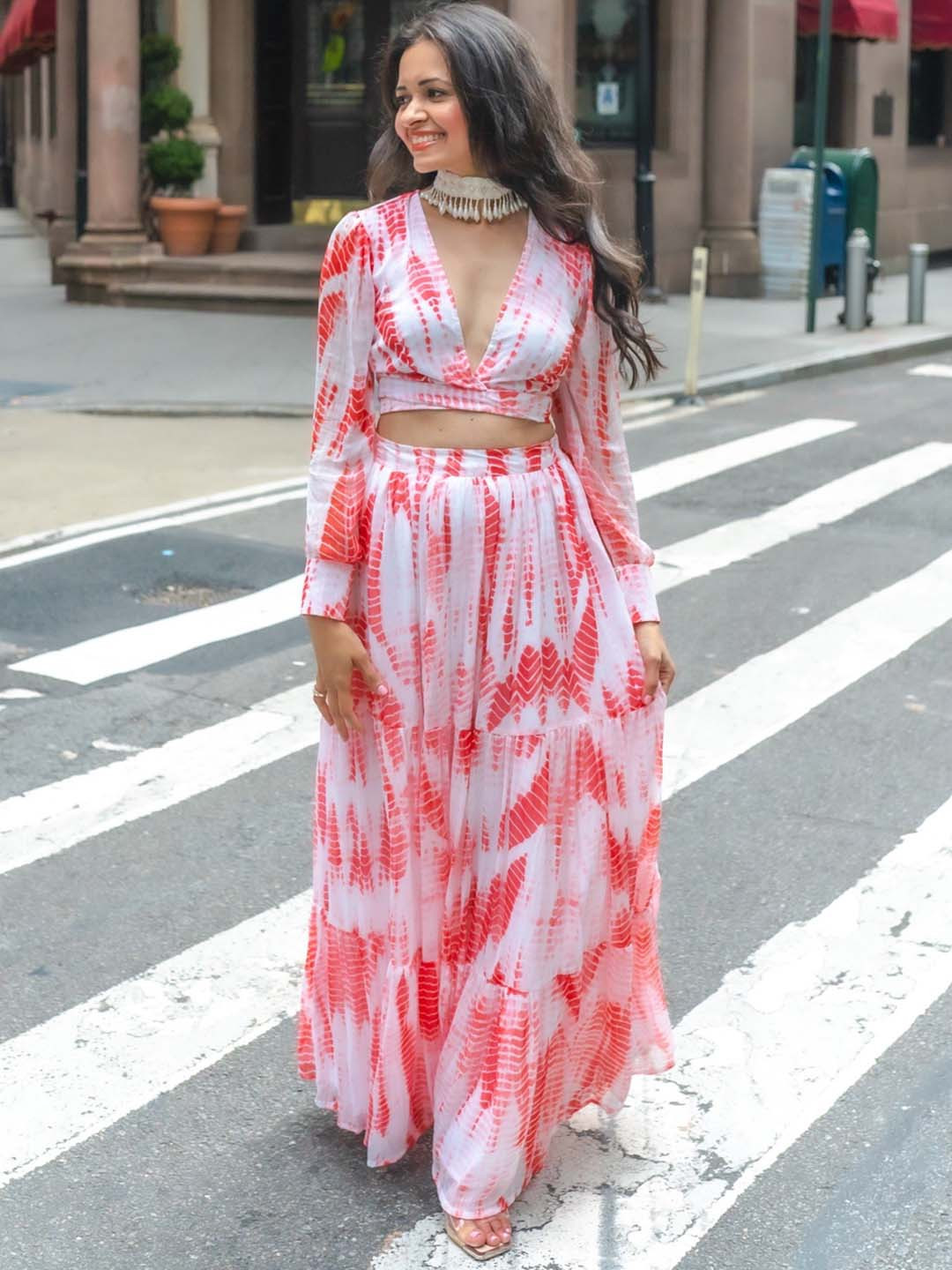 Thread & Button Women White & Orange Tie & Dyed Crop Top & Skirt