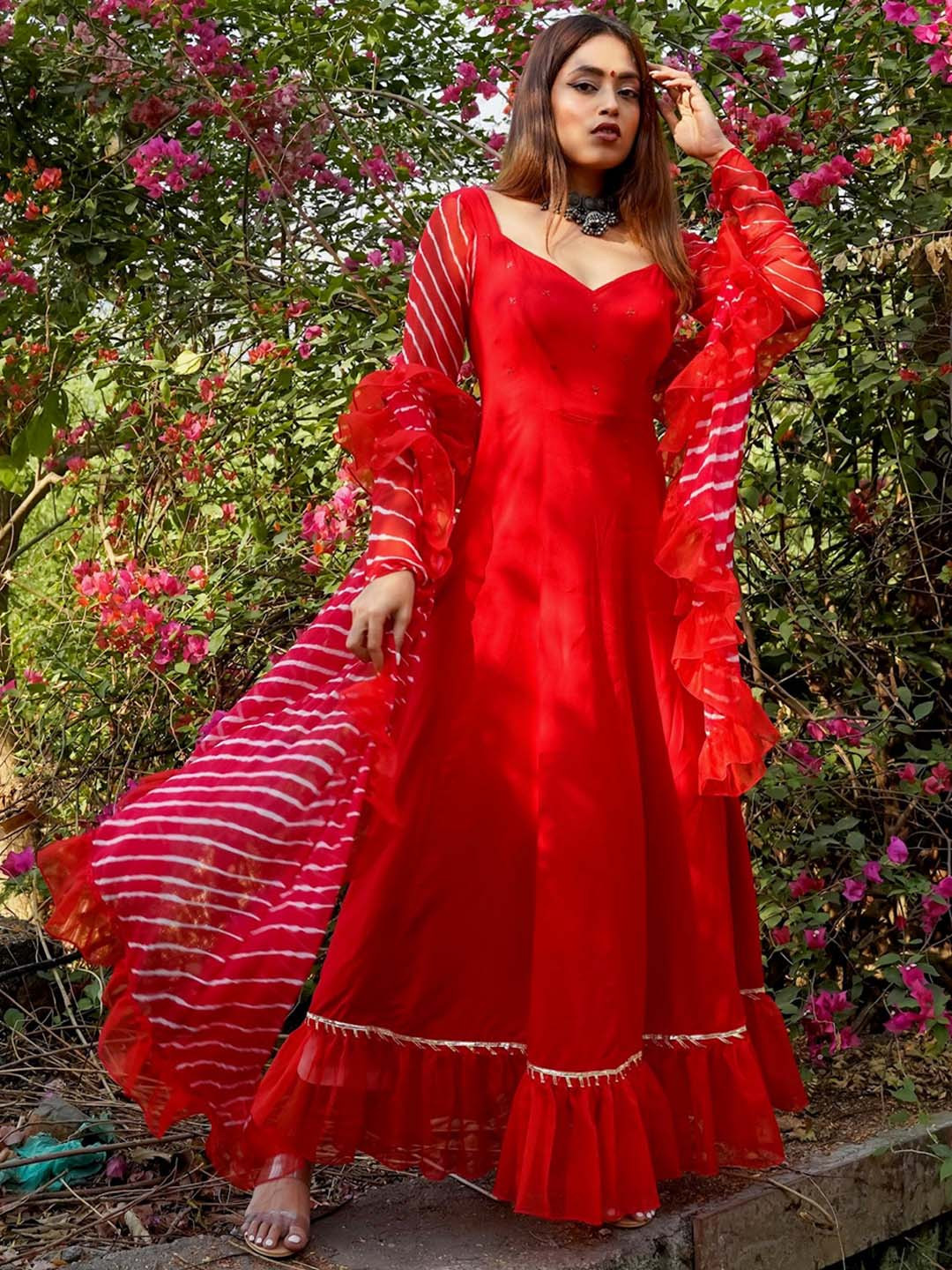 Thread & Button Women Red Leheriya Pure Cotton Kurta With Leggings & With Dupatta