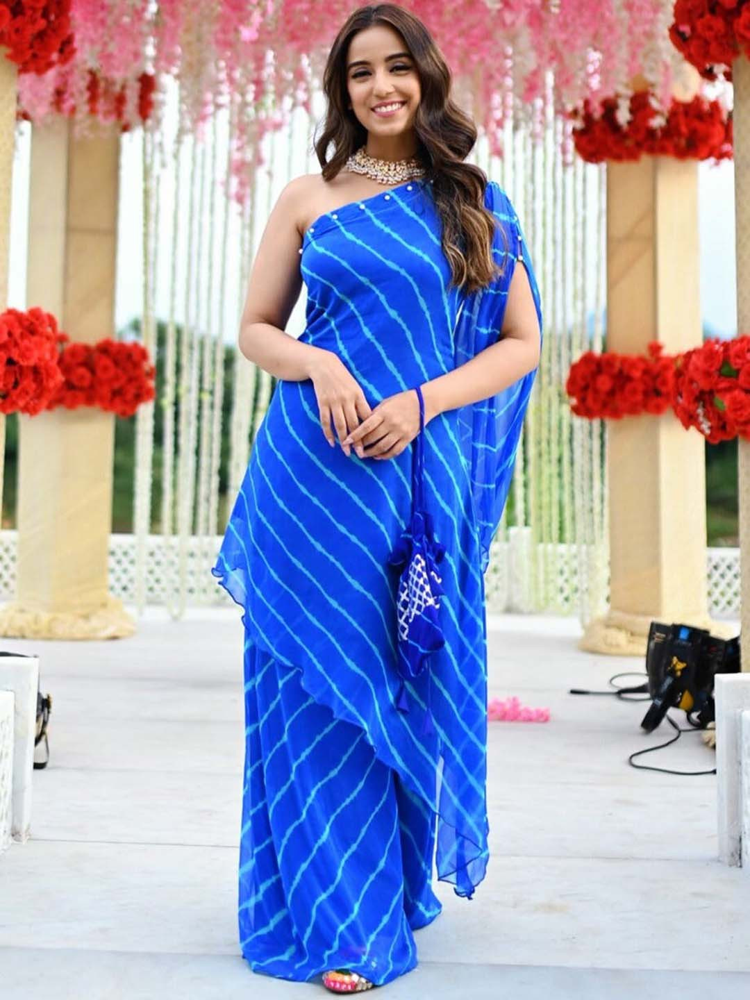 Thread & Button Women Leheriya Printed Silk Chiffon Fusion Kurta with Palazzos