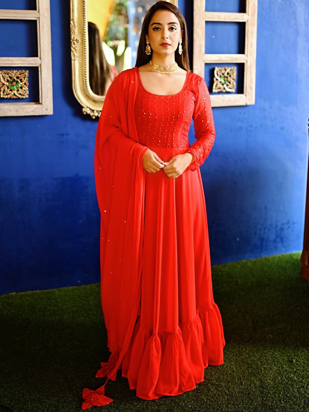 Thread & Button Women Red Embroidered Sequinned Anarkali Kurta &Trousers & With Dupatta
