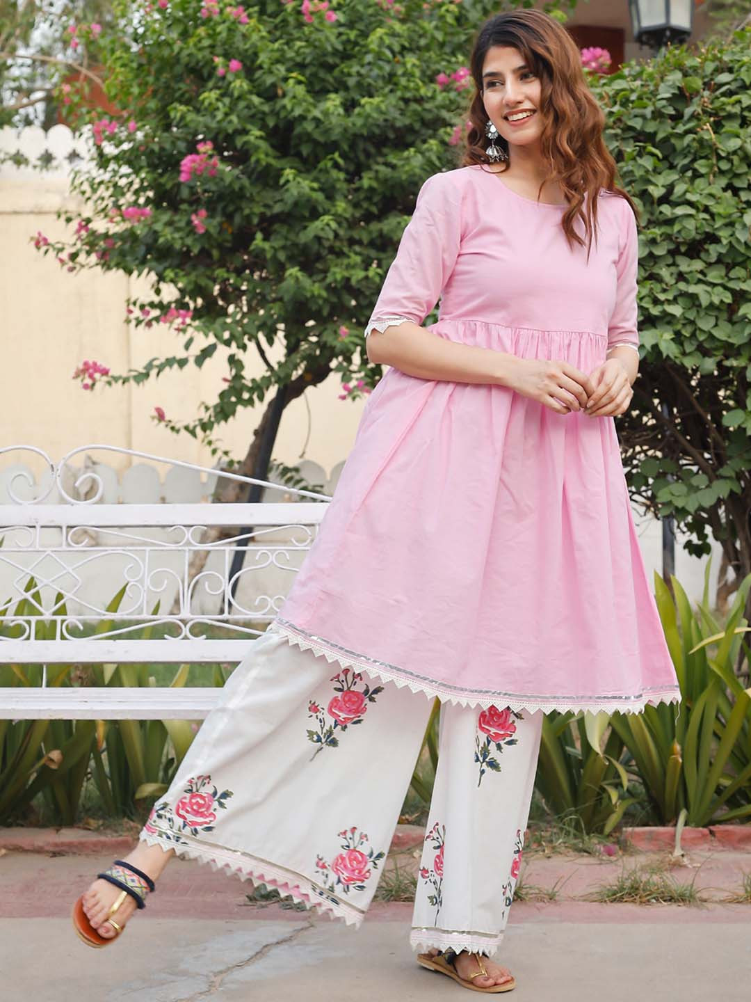 Thread & Button Women Solid Pure Cotton A-Line Kurta with Floral Printed Palazzo