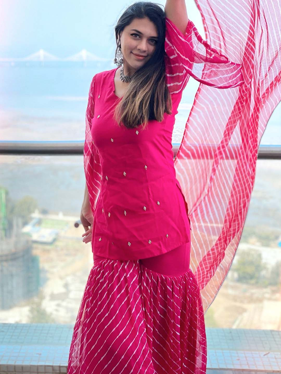 Thread & Button Women Leheriya Embroidered Silk Chiffon Kurti with Palazzos & Dupatta