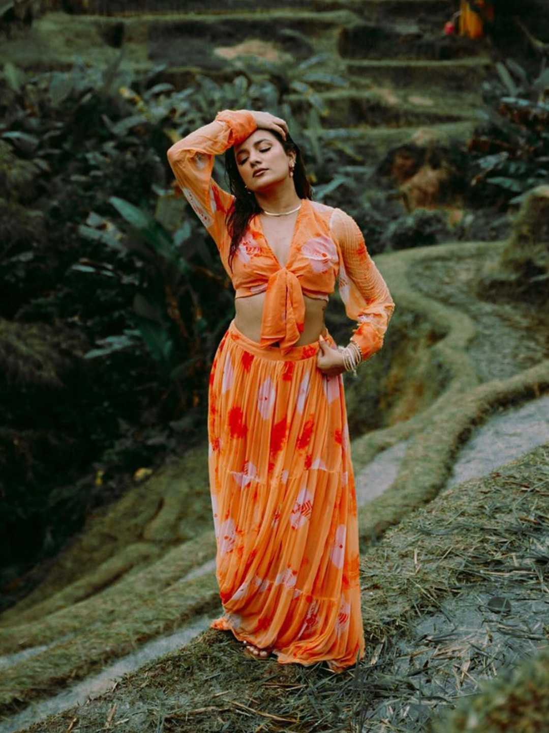 Thread & Button Women Orange Crop Top & Skirt