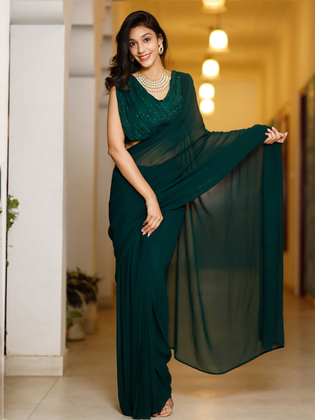 Thread & Button Green Poly Georgette Saree
