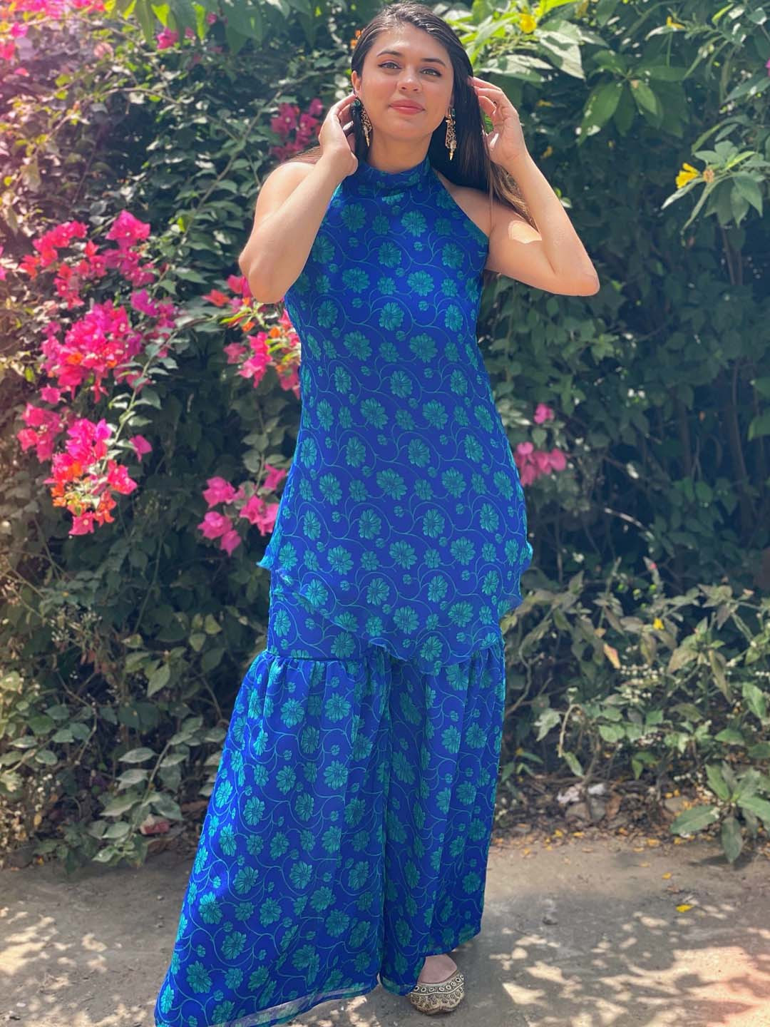 Thread & Button Women Blue Floral Printed Silk Chiffon Fusion Kurta with Sharara